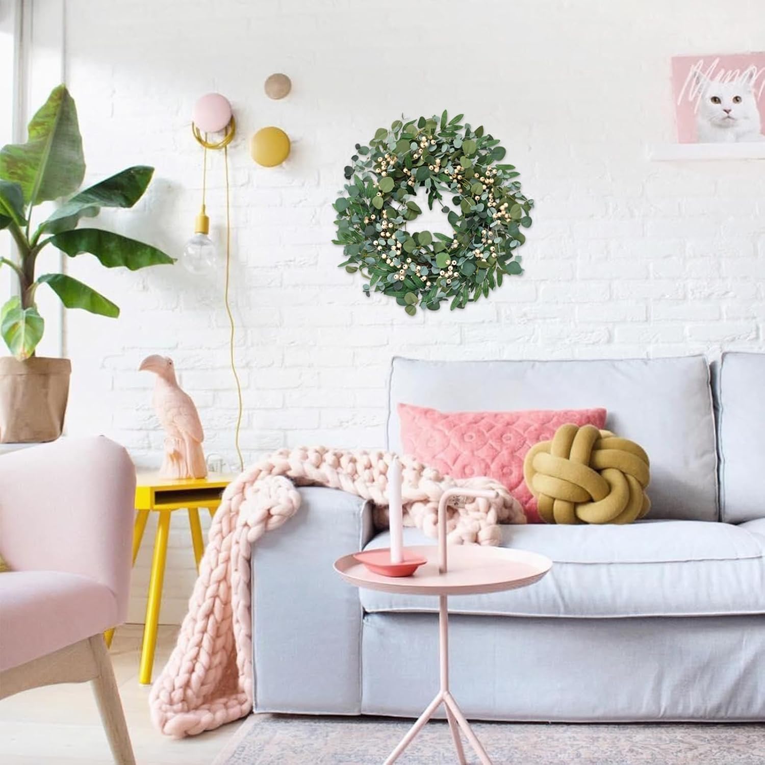 Bibelot 22 inch Artificial Spring/Summer Wreath for Front Door Evergreen Eucalyptus Decoration Wreath with Berries Home Party Indoor Outdoor All Season Decor