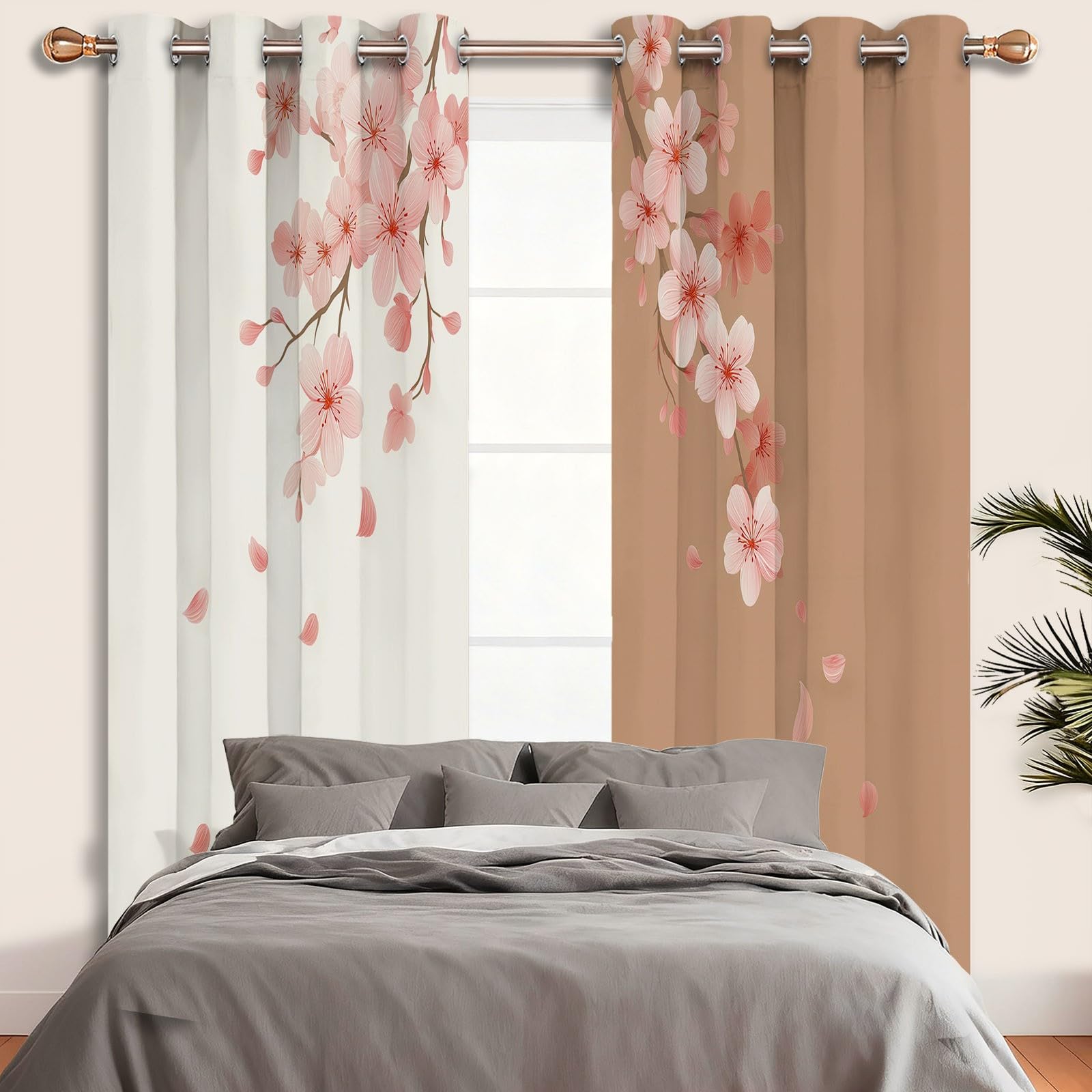 Eleganckie kwiaty wiśni, zasłony z oczkami 70 l x 240H cm (2 panele), nieprzezroczyste termoizolacyjne do drzwi okiennych, beżowo-brązowy