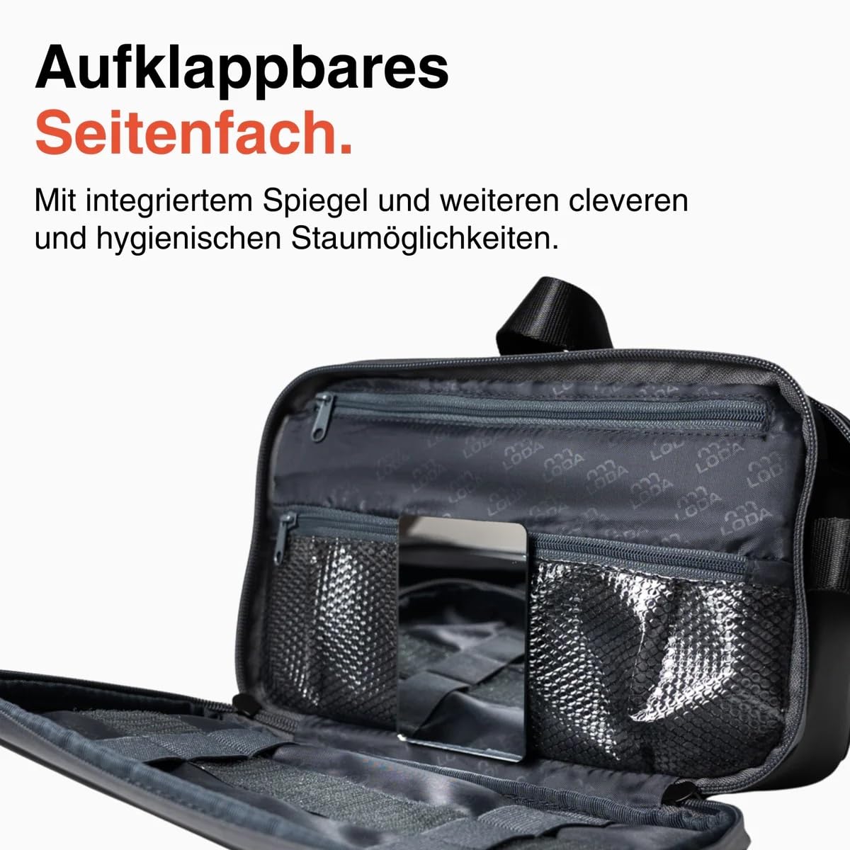LODA Kulturbeutel 7L - Herausnehmbares Duschfach - Organisiertes Hauptfach | Wasserfestes Seitenfach – Integrierte Aufhängung – Aufklappbares Seitenfach – Spiegel – Hygienisches Zahnbürstenfach
