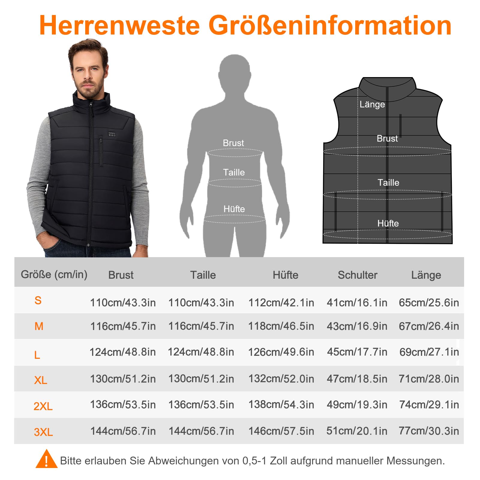 Heizweste Herren mit Powerbank 16000mAh 7.4V, 9 Heizzonen Beheizte Weste Herren, Hilpert Wärmeweste mit Akku Für Camping