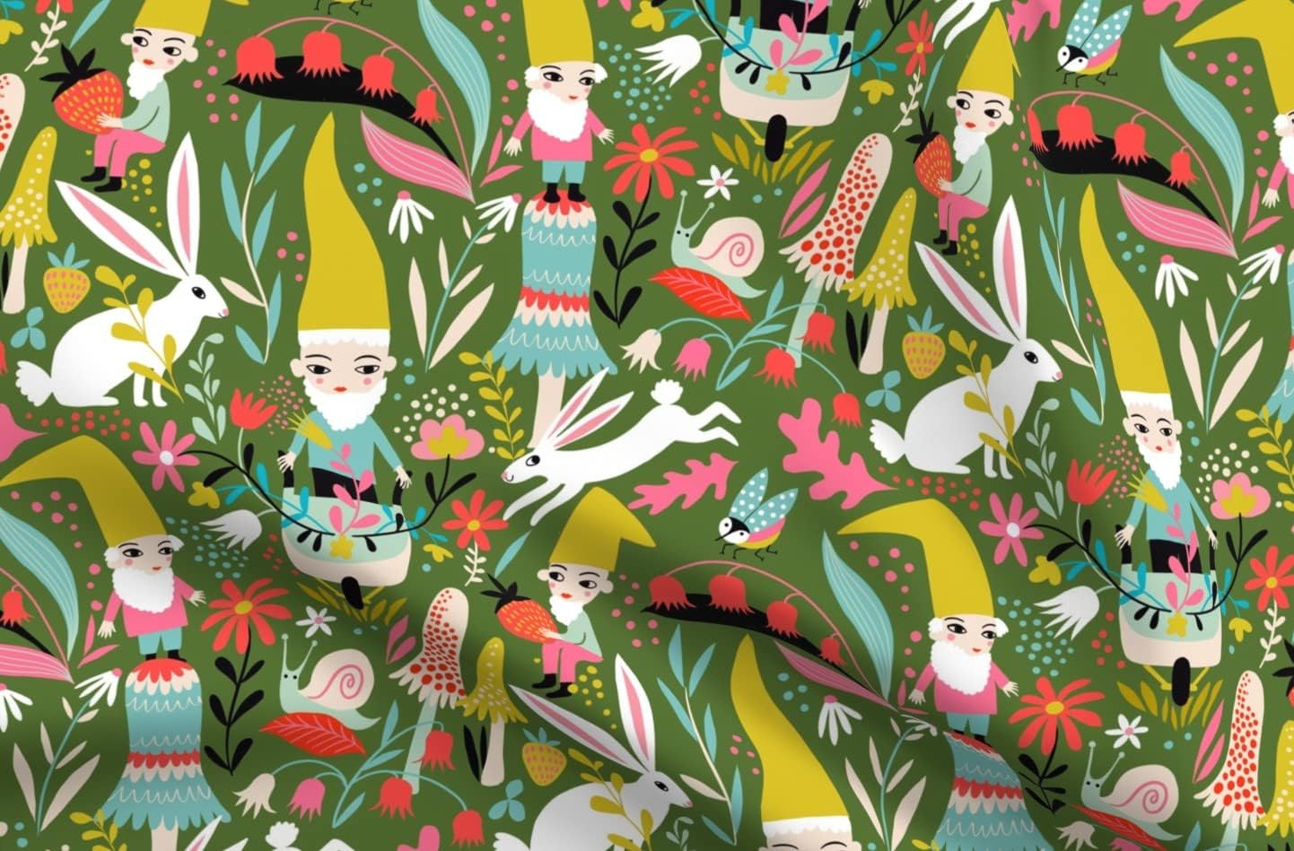 Spoonflower Fabric - Gnomes Rabbits Forest Snail Bugs Flowery Kids Room Printed on Organic Cotton Sateen Fabric by The Yard - Sewing Quilting Apparel Home Decor