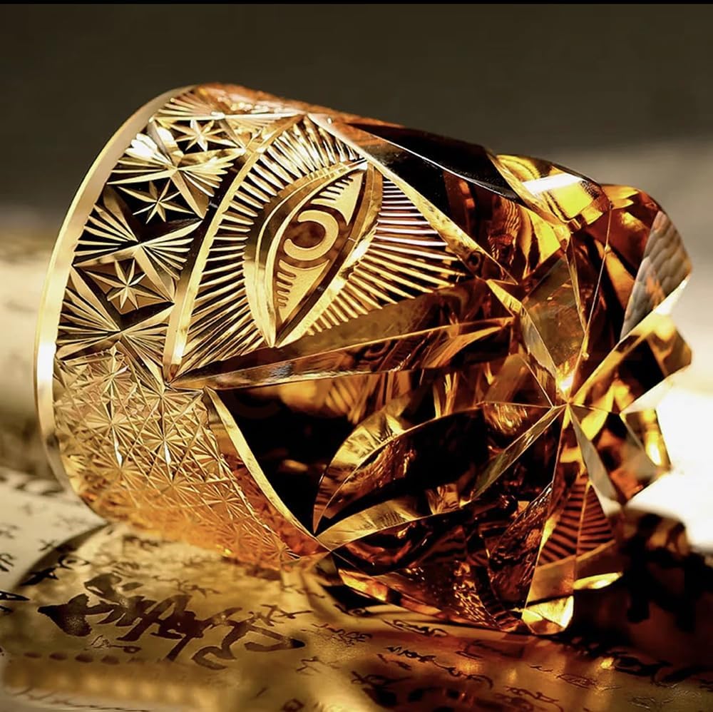 Edo style Kiriko Whiskey Glass Hand Cut Crystal Glasses Crystal Colorful Whiskey Glasses - 220mL Hand Cut Wineware For Scotch, Bourbon, Liquor and Cocktail Drinks (Amber color)