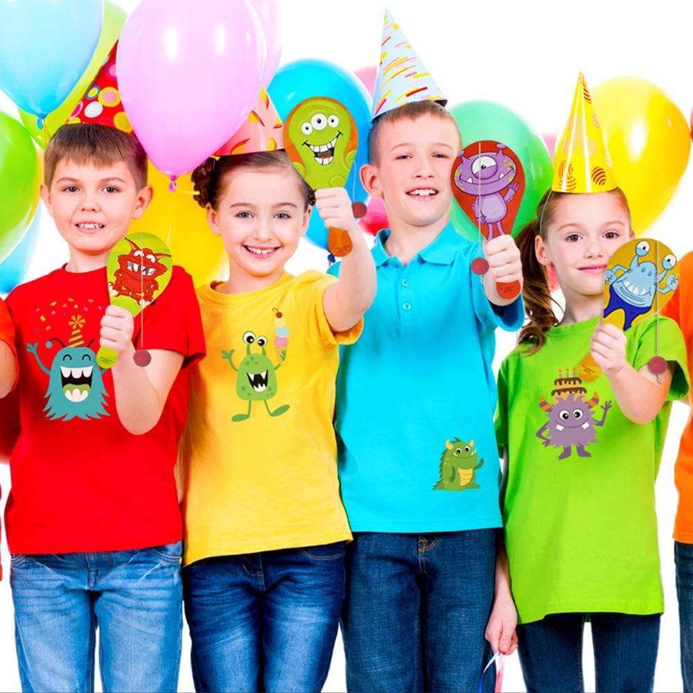 ArtCreativity Monster Figure Paddle Balls, Pack of 12, 9.25 Inch Wooden Paddleball with String, Assorted Bright Colors and Designs, Great Party Favors, Goodie Bag Fillers, Fun Activity for Kids