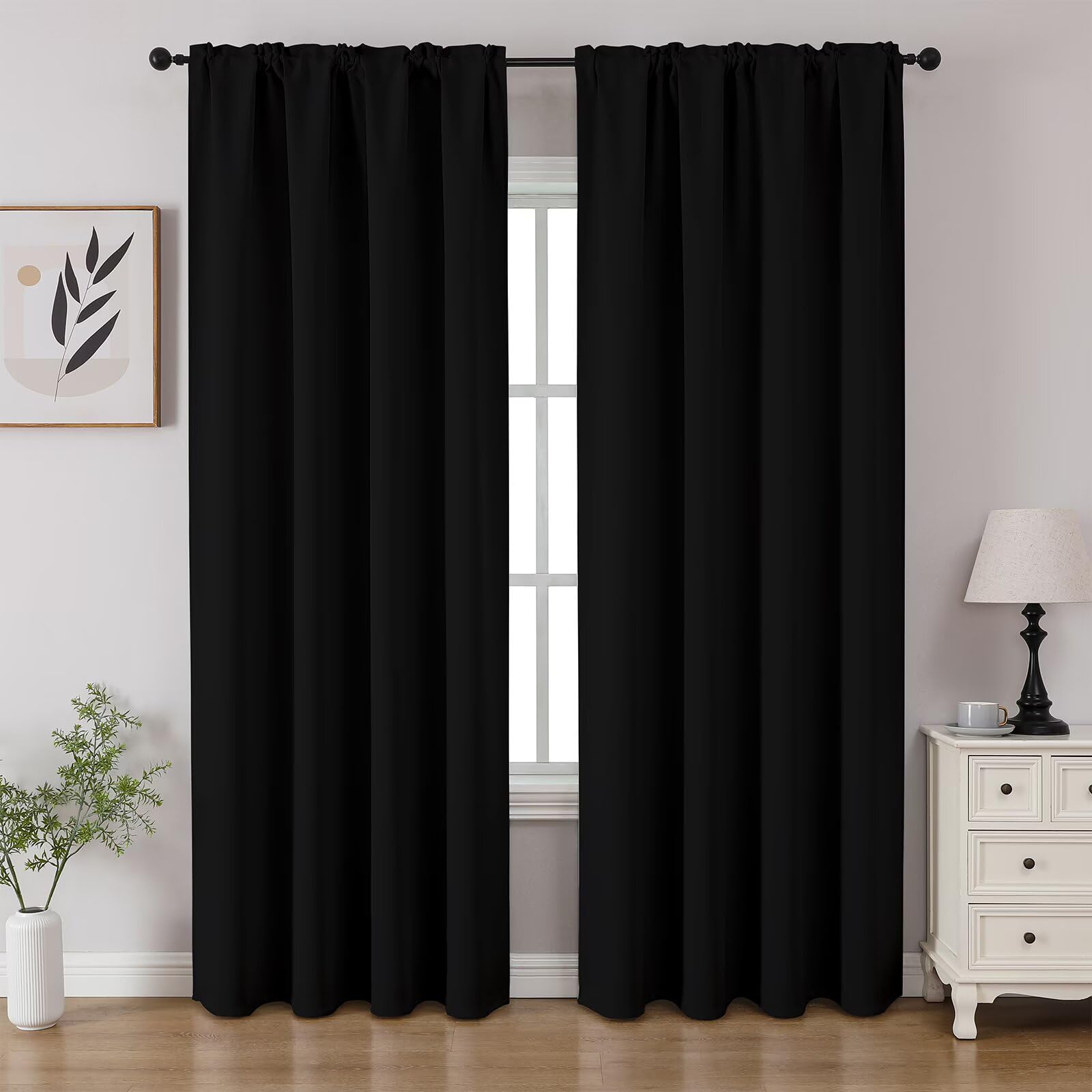 CUCRAF Blackout Curtains Room Darkening Window Curtain Panels, Rod Pocket Thermal Insulated Solid Drapes for Bedroom Living Room, Set of 2 Panels. 52 x 84 inch, Black
