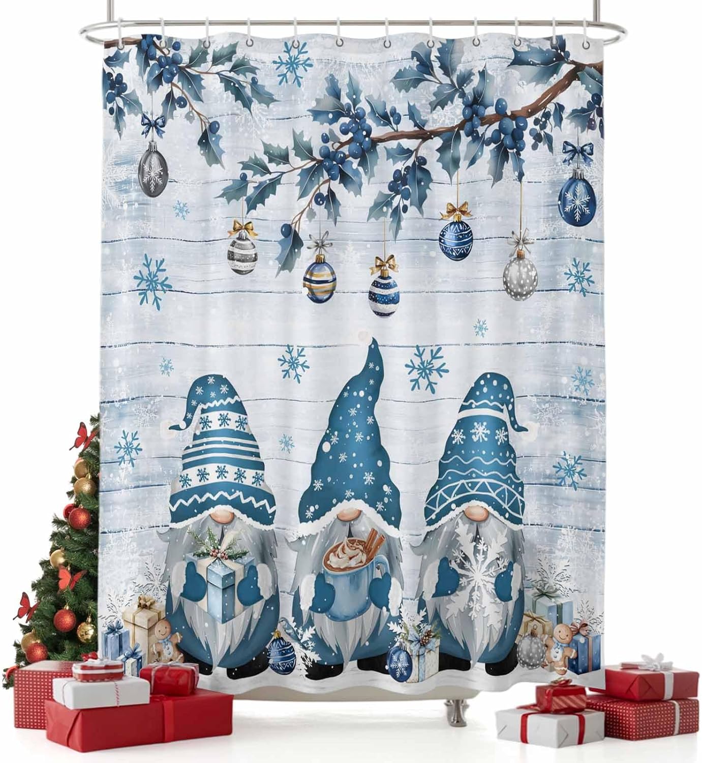 Christmas Shower Curtains for Bathroom Blue Gnome Xmas Balls Fabric Shower Curtain with Hooks Holly Snowflake Wood Grain Shower Curtain Set Holiday Bathroom Curtains Decor Waterproof 72 x 72 Inches