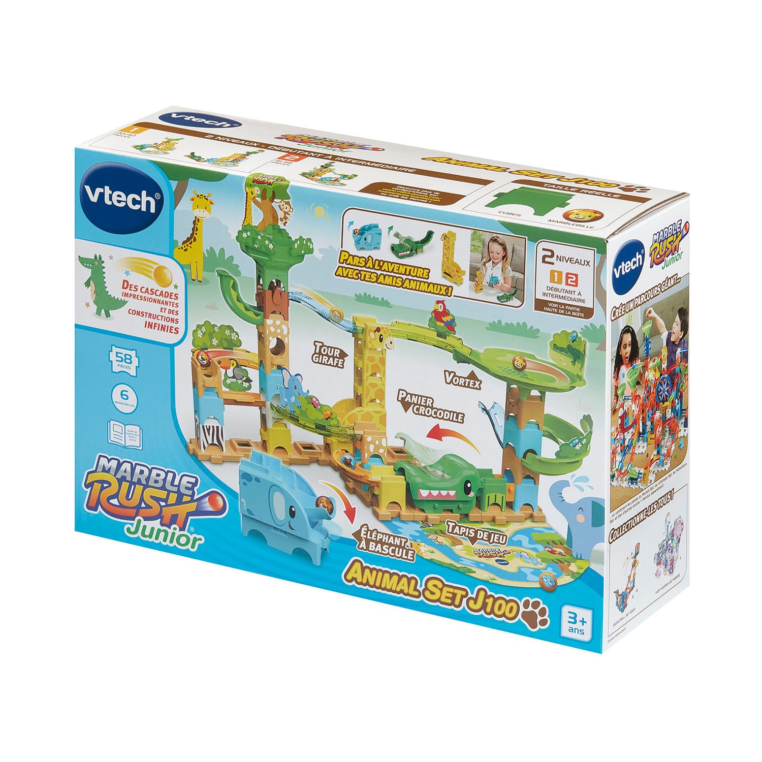 VTech - Marble Rush Junior Animal Set J100 - Circuit à Billes Enfant, 58 Pièces et 6 Billes - Jeu de Construction, Jouet Animaux de la Savane - Cadeau Enfant Dès 3 Ans - Contenu en Français