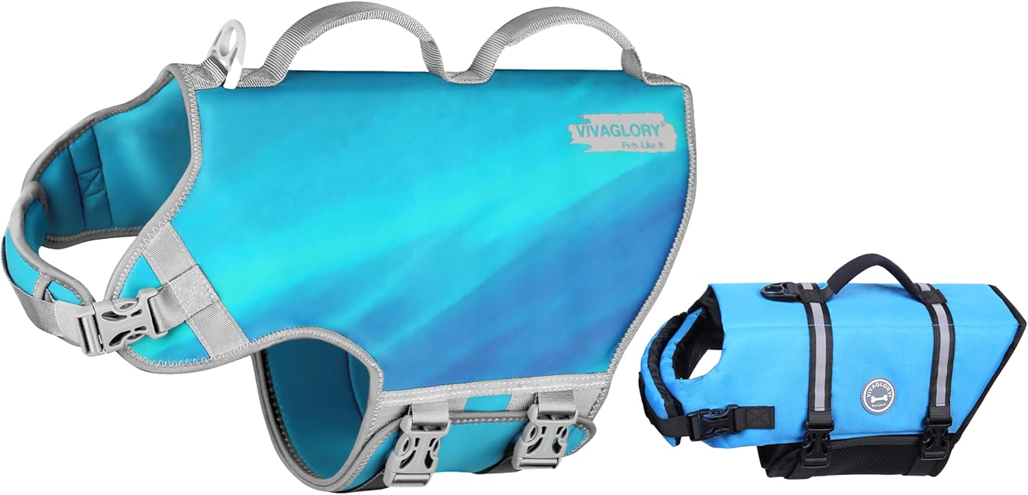 VIVAGLORY + Neoprene Dog Life Vest + Rip Stop Dog Swim Vest, Lightweight & Buoyancy, Puppy Life Jacket for Swimming & Boating