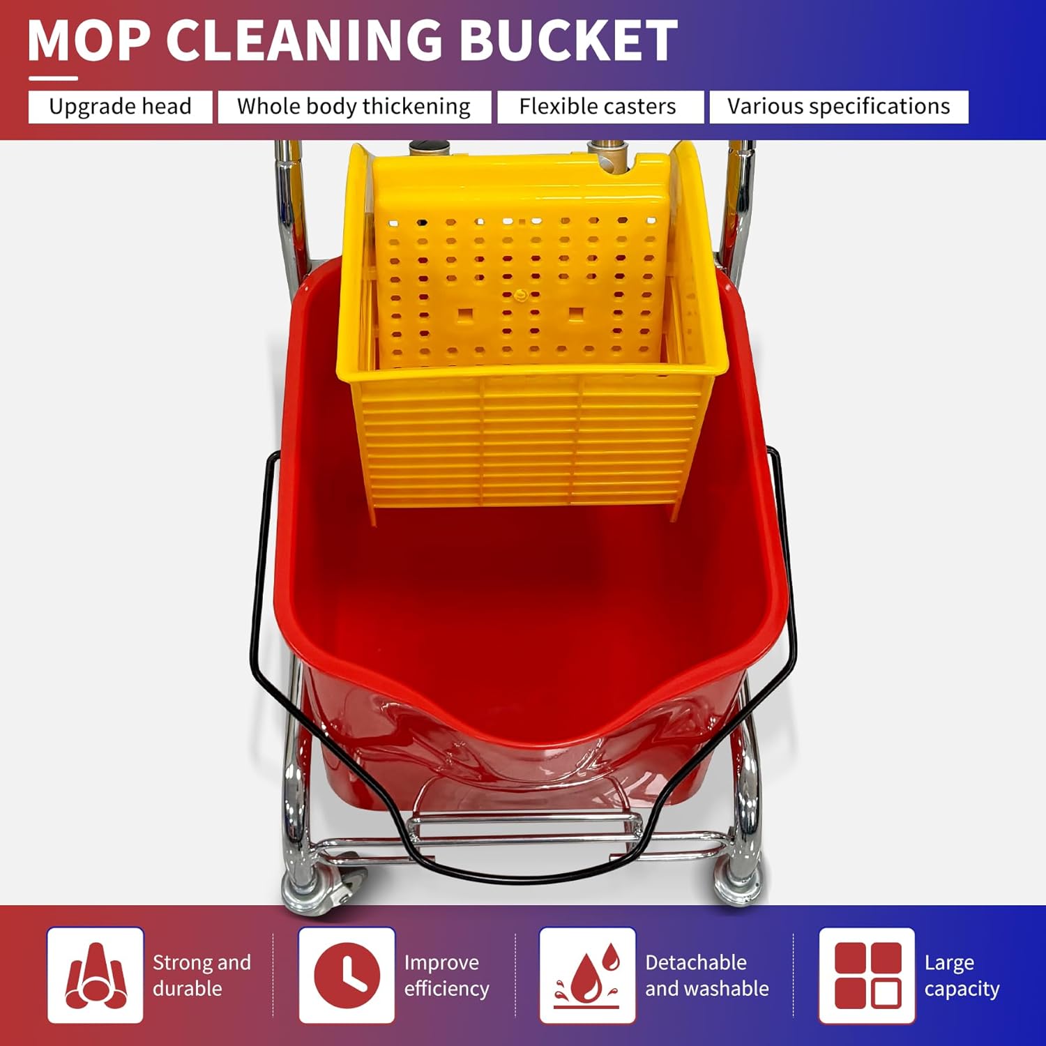 Commercial Mop Bucket with Wringer on Wheels 6.6-Gallon Heavy-Duty Plastic Cleaning System Side-Press Wringer Electroplated Frame, Dual Compartment for Floor Maintenance (Red, 6.6 Gallons)