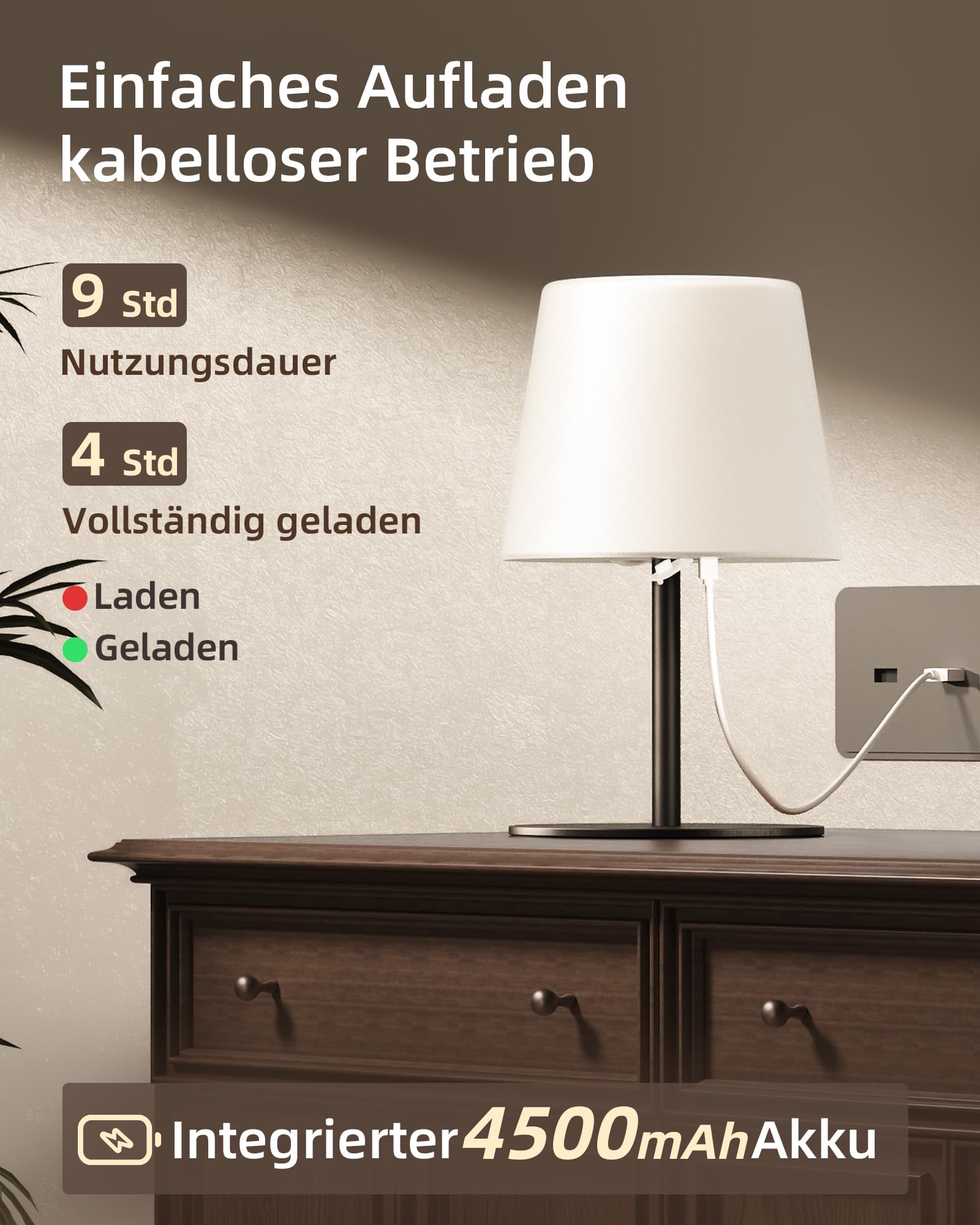 EZVALO Lampe de Chevet Sans Fil Tactile, Lampe de Table LED Rechargeable USB-C, Batterie 4500 mAh, Luminosité Réglable, 3 Couleurs, Lampe Portable pour Chambre, Salon, Extérieur (Noir, 1 Pièce)