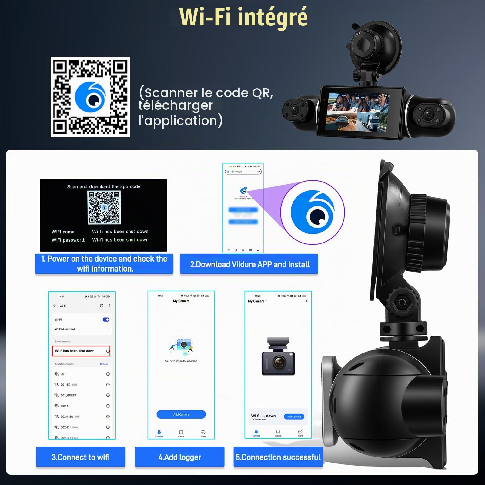 Dashcam Voiture 4 Canaux 360° avec WiFi, 2K+3*1080P Avant Arrière Droite, Autocaméra avec Vision Nocturne, Surveillance du Stationnement, G-Sensor, Enregistrement en Boucle, APP, Aide au recul