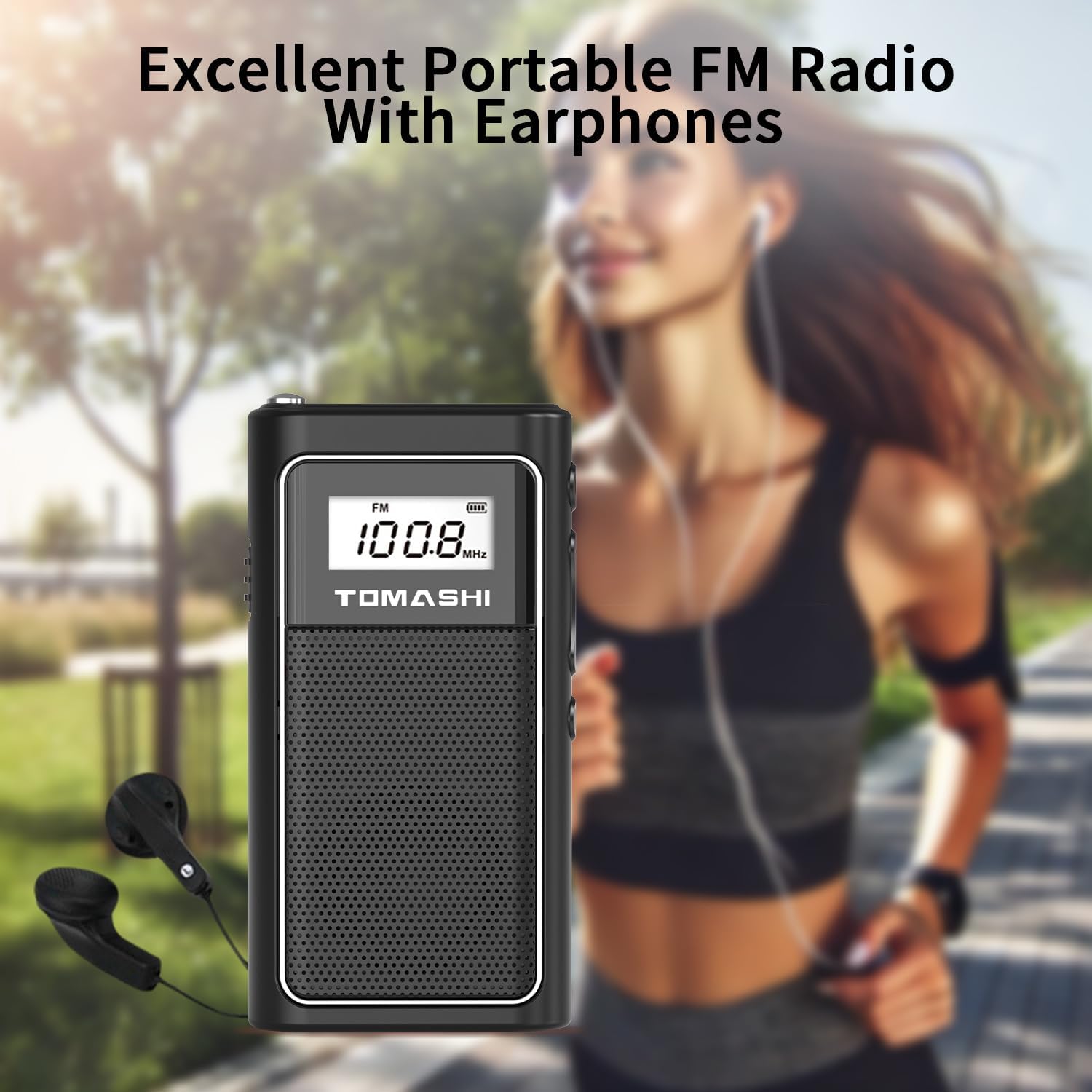 Person using TOMASHI Model 6200 radio with earphones while exercising
