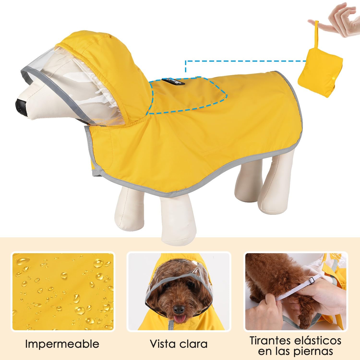 SlowTon Chubasquero Impermeable para Perros, Chubasquero Transparente de Doble Capa con Capucha para Perros pequeños, medianos y Grandes, Poncho para con Banda Reflectante