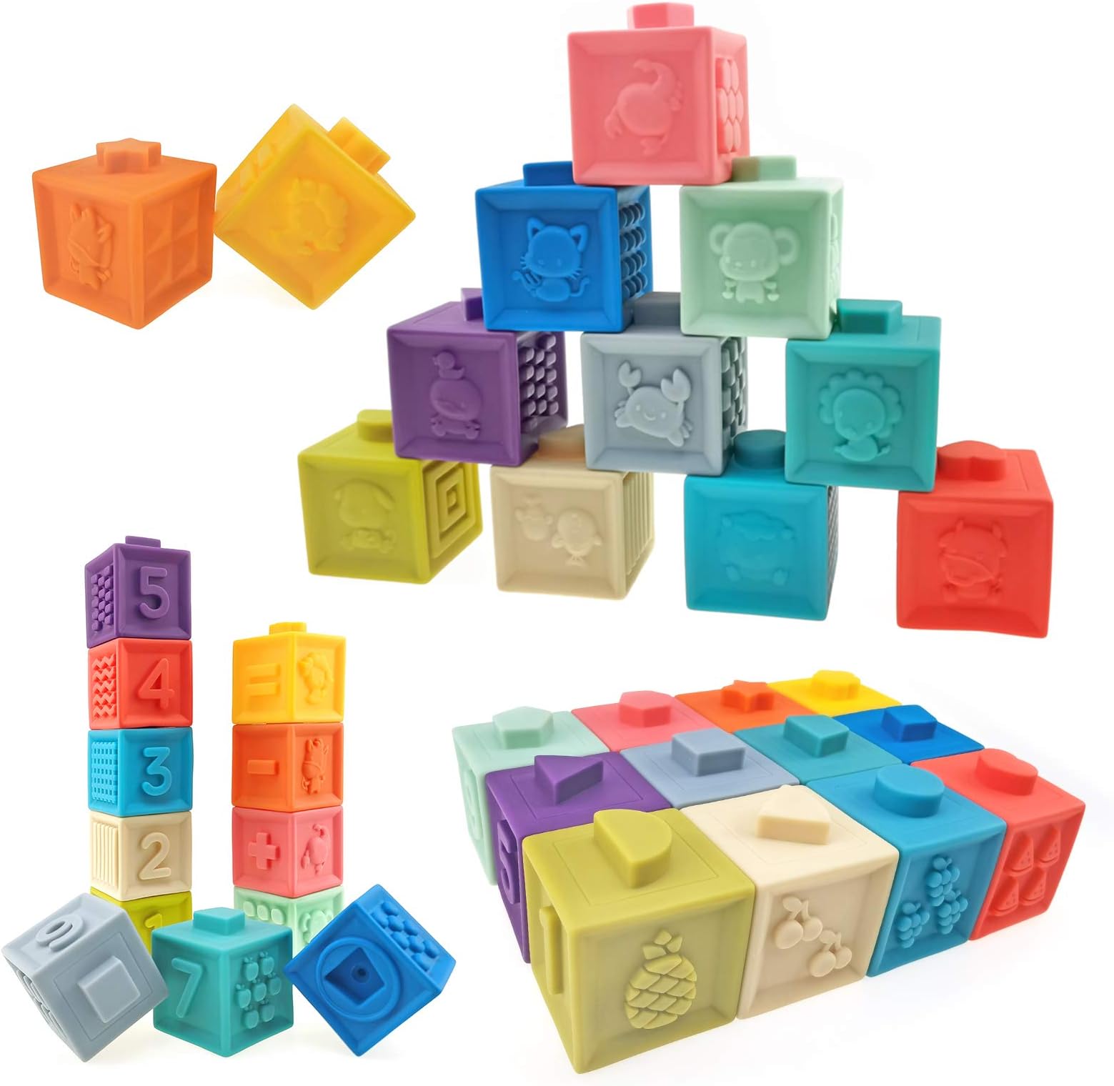 MoraBaby Soft Stacking Blocks for Baby Infant and Toddler, Baby Building Blocks, Teething Toys, Educational Baby Toys with Numbers, Shapes, Animals, Fruits & Textures for 0-3 Years Old, Pack of 12