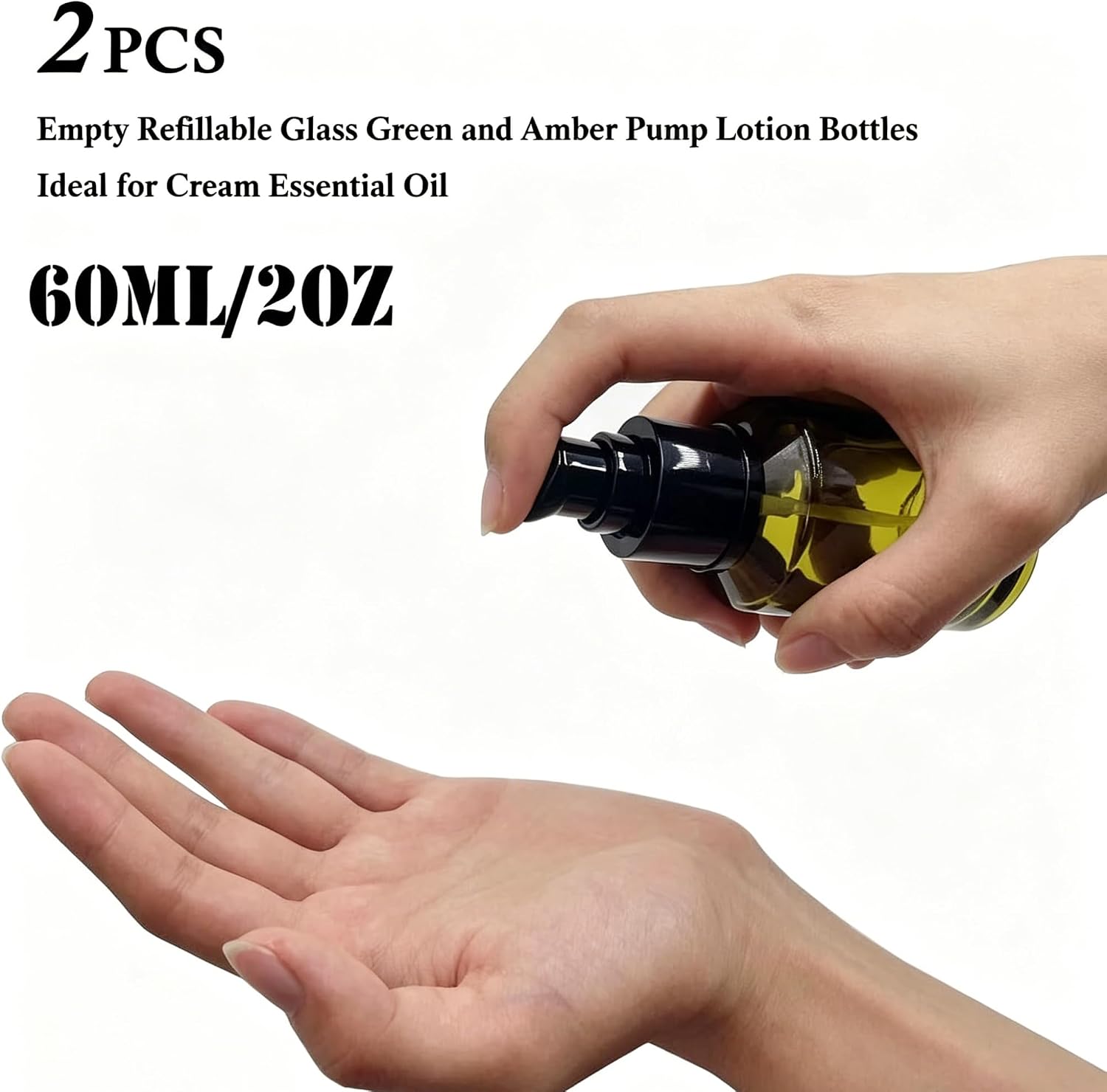 2Pcs 2Oz /60ml Empty Refillable Glass Lotion Pump Bottles with Clear Cap Cosmetic Make-up Cream Lotion Sample Packing Storage Container Vial Jar for Emulsion Essence