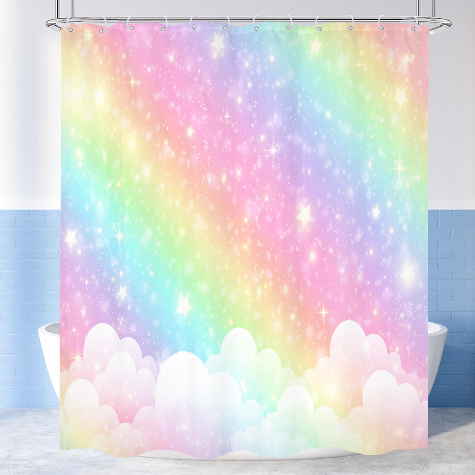Cortina de ducha infantil arcoíris de 60 pulgadas de ancho x 72 pulgadas de alto, diseño de dibujos animados pastel con nubes y estrellas, juego de cortinas de baño estéticas, de tela,