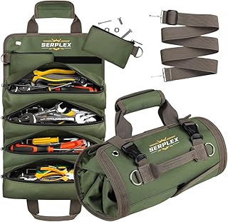 Serplex® Portable Tools Storage Bag for Technicians, Mechanics, Roll Up Multi Compartment Organizer with Detachable Zipper Pouch and Handle, No Tools, Green