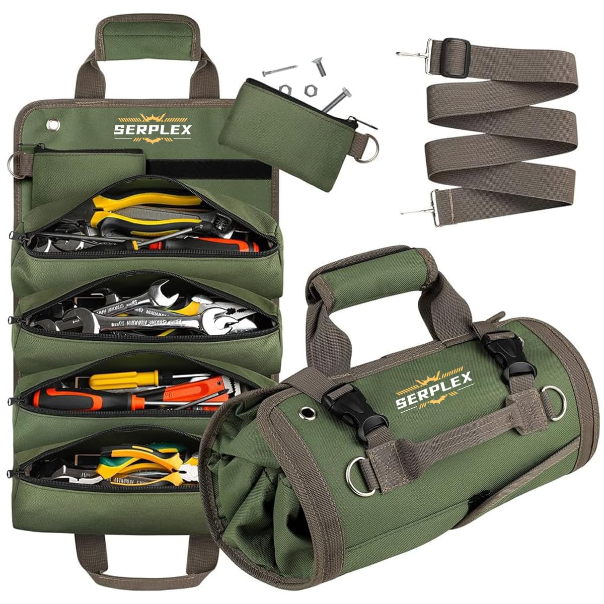 Serplex® Portable Tools Storage Bag for Technicians, Mechanics, Roll Up Multi Compartment Organizer with Detachable Zipper Pouch and Handle, No Tools, Green