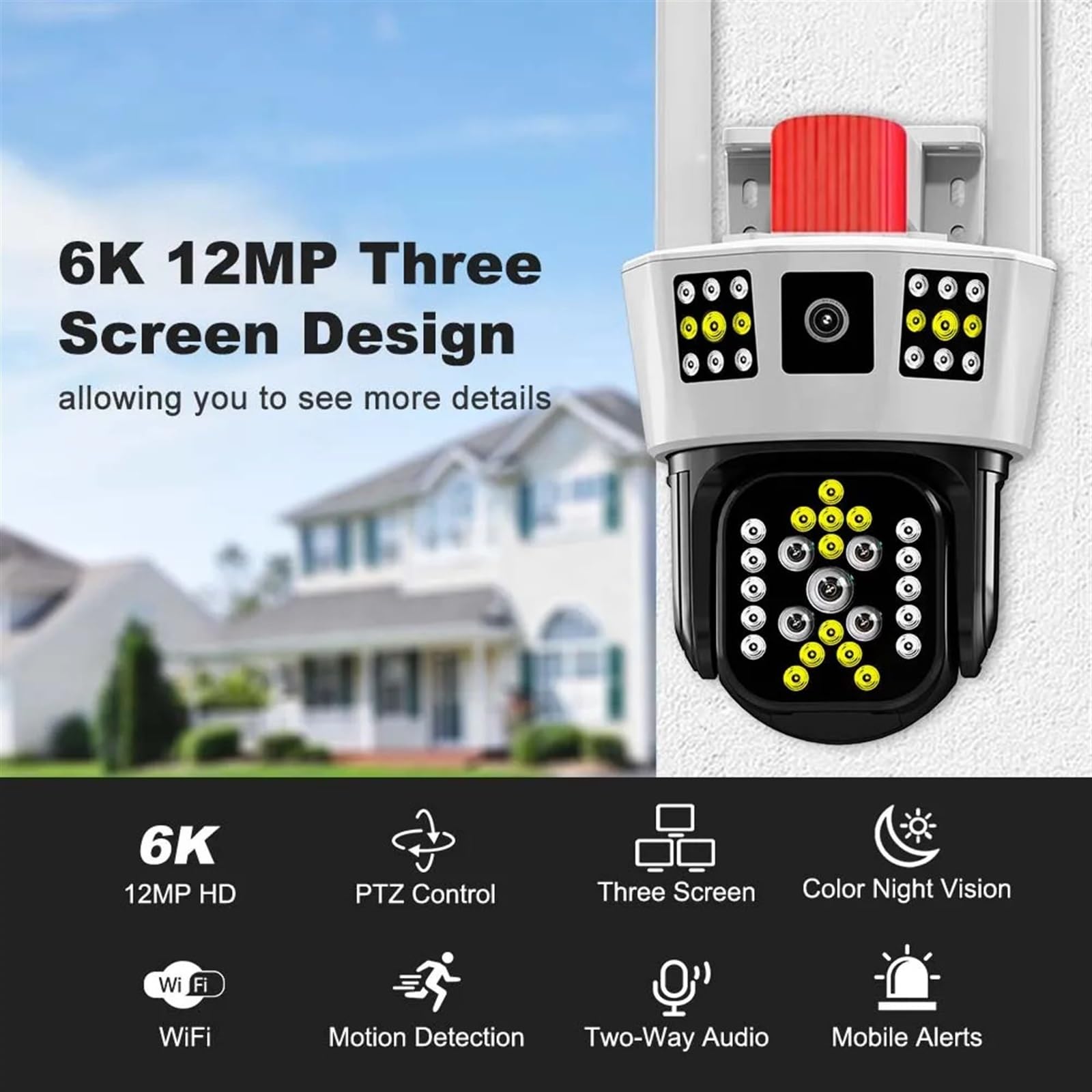 Kamera bezpieczeństwa zewnętrzna, Kamera Wi-Fi 12MP 6K Trzy ekrany 5-krotny zoom AI Śledzenie Zewnętrzna kamera PTZ IP Inteligentna ochrona bezpieczeństwa Kamery monitorujące CCTV Kamera bezpieczeństw