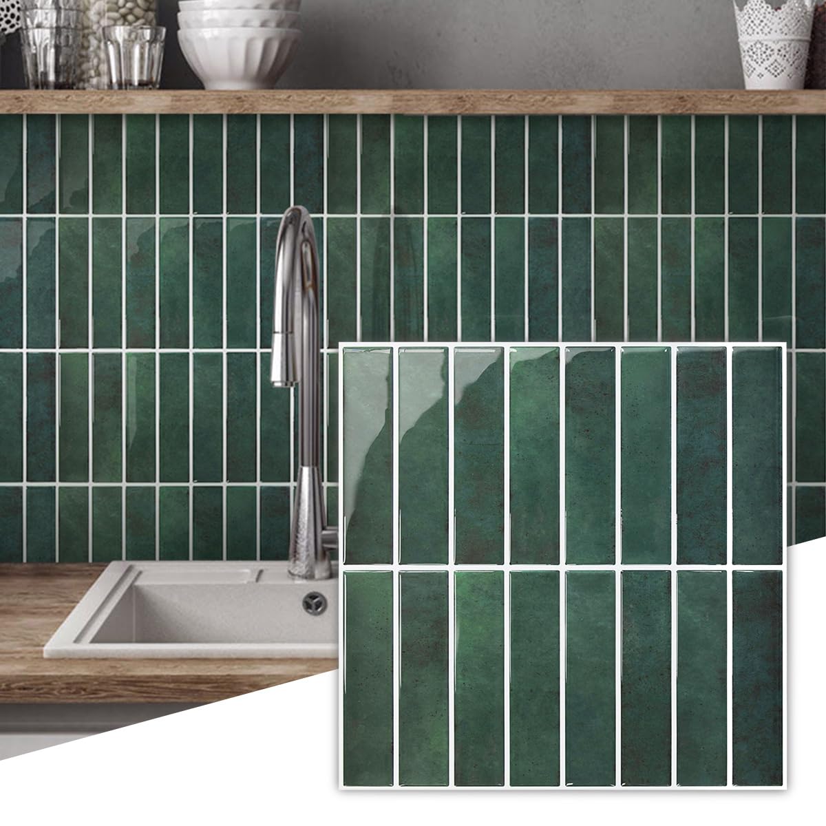 Azulejos de despegar y pegar 3D verde bosque brillante revestimiento de pared de 10 pzs