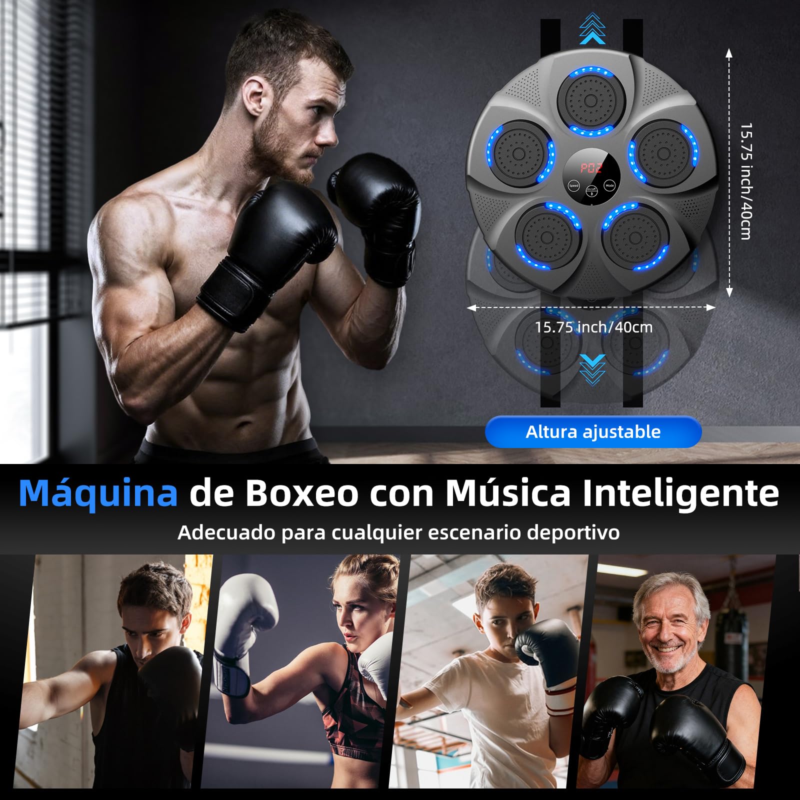 Máquina de Boxeo Musical, Máquina de Boxeo Electrónico Profesional con Guantes, Bluetooth, 9 Velocidades/Modos para Niños y Adultos, Casa, Oficina, Gimnasio, Negro