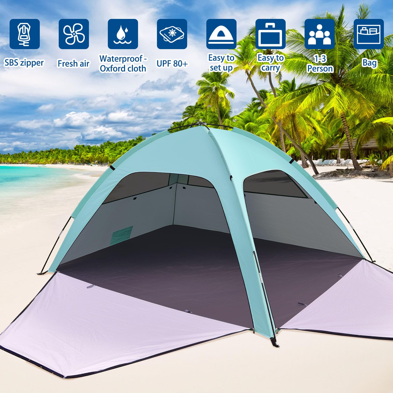 Tenda Da Spiaggia Portatile Con Protezione UV 80+ – 2 Porte E Finestre In Rete, 4 Posti, Impermeabile E Antivento