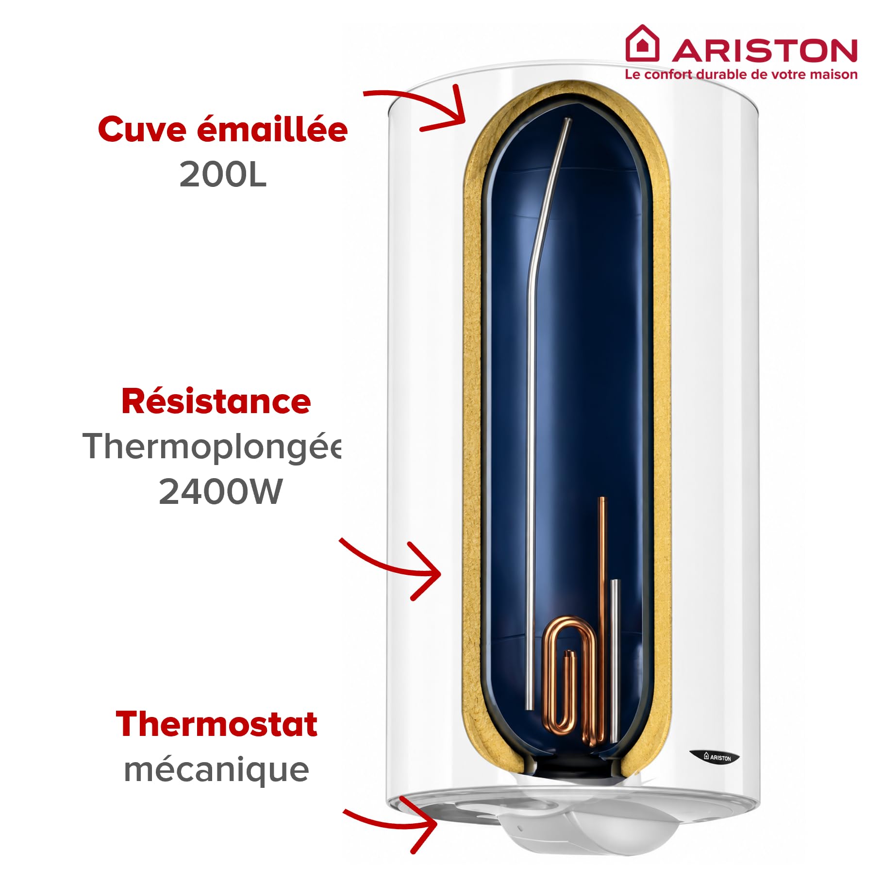 Ariston INITIO 200 L - Chauffe-eau Électrique Vertical Mural 200L - Ø560mm - Résistance Blindée Thermoplongée - NF Performance 2** - Conçu pour être installé en France