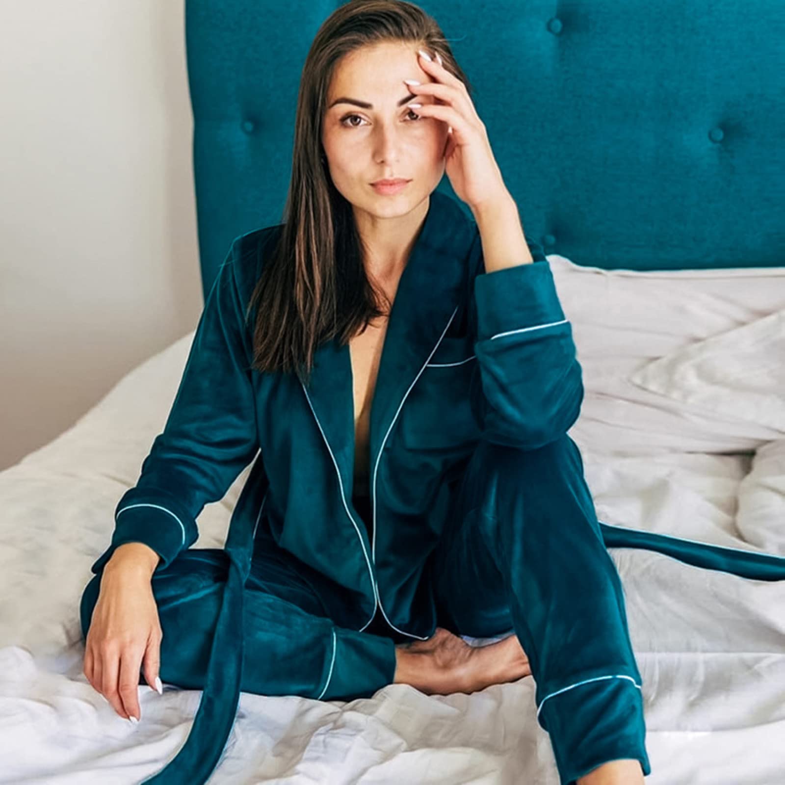 BOMEETSIA Conjunto De Dos Piezas De Pijama De Manga Larga para Mujer, Conjunto De Cárdigan Cálido Y Cómodo, Camisón Sexy para Mujer, Verde, L
