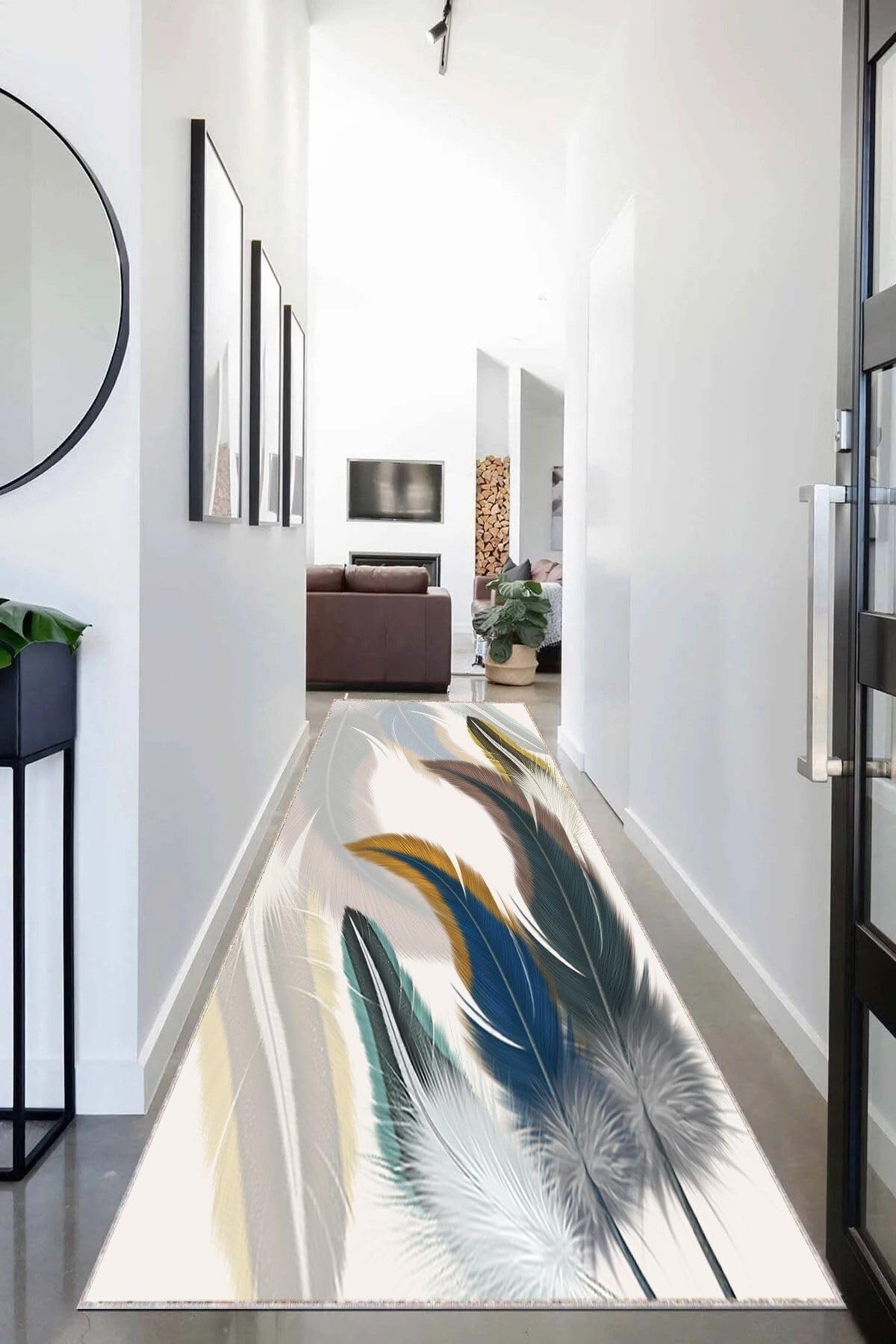 Pelangi Kuş Tüyü Desenli Renk Geçişli Dijital Baskı Yıkanabilir Modern Salon Halı ve Yolluk, Mavi-Beyaz-Gri 100 x 600, 95546511006007