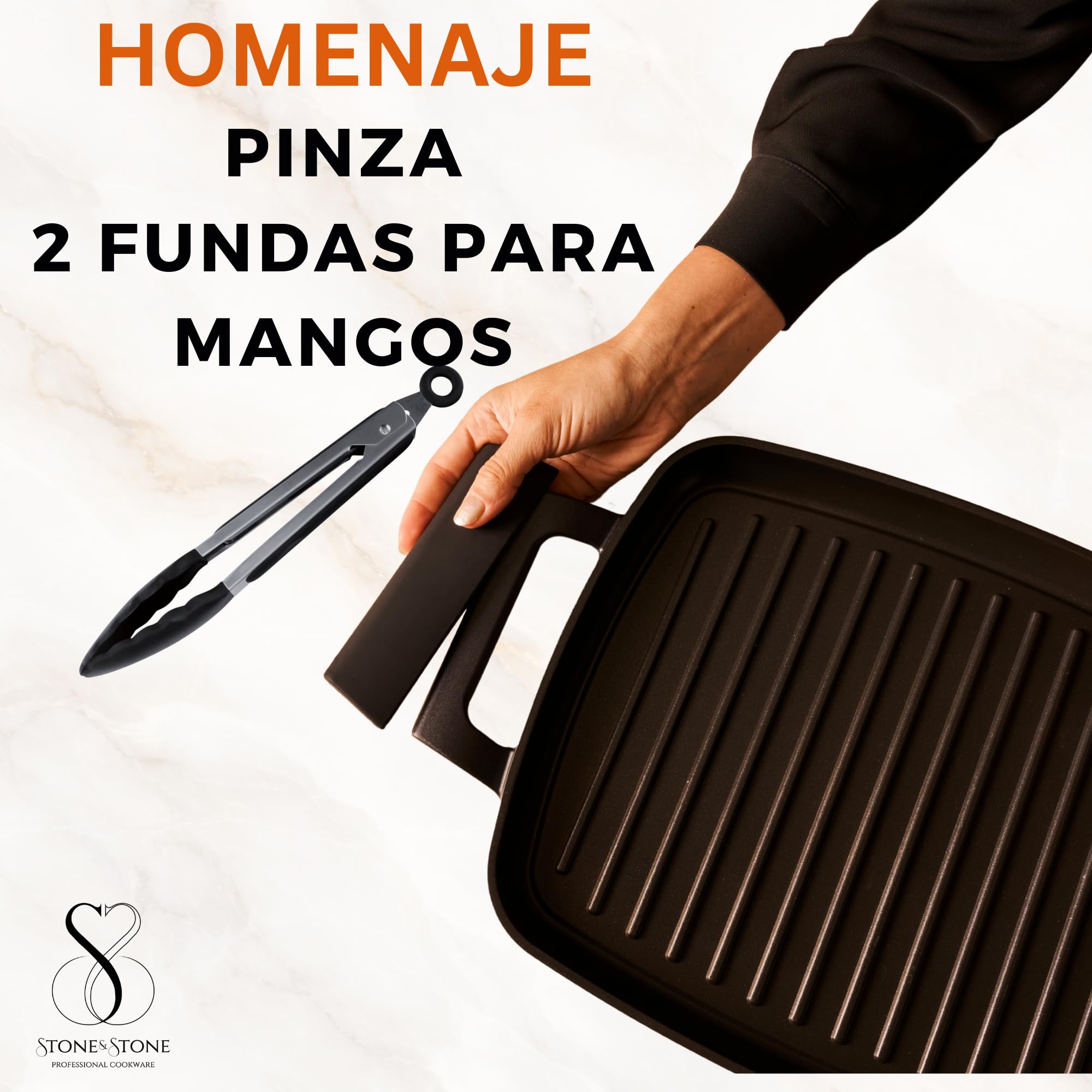 Stone&Stone Plancha Grill Inducción Rectangular 47 cm con Pinza, Plancha BBQ Antiadherente con Revestimiento Cerámico Alemán, Base de Acero Completo, Apta para Gas y Horno, Sin PFAS, PFOA ni PTFE