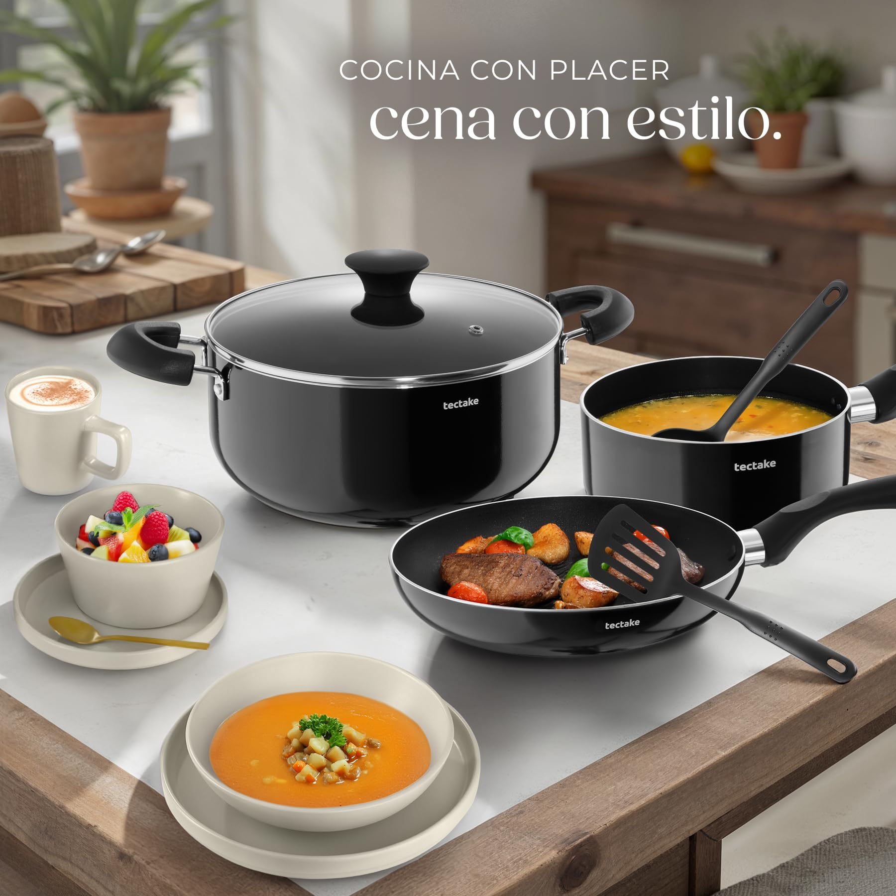 tectake® Juego de Vajilla Completa, Vajillas Completas Modernas, Platos Vajilla, Cuencos Cocina, Tazones Desayuno, Tazas Cafe, Ollas Aluminio Inoxidable - 45 Piezas Negro/Gris Topo
