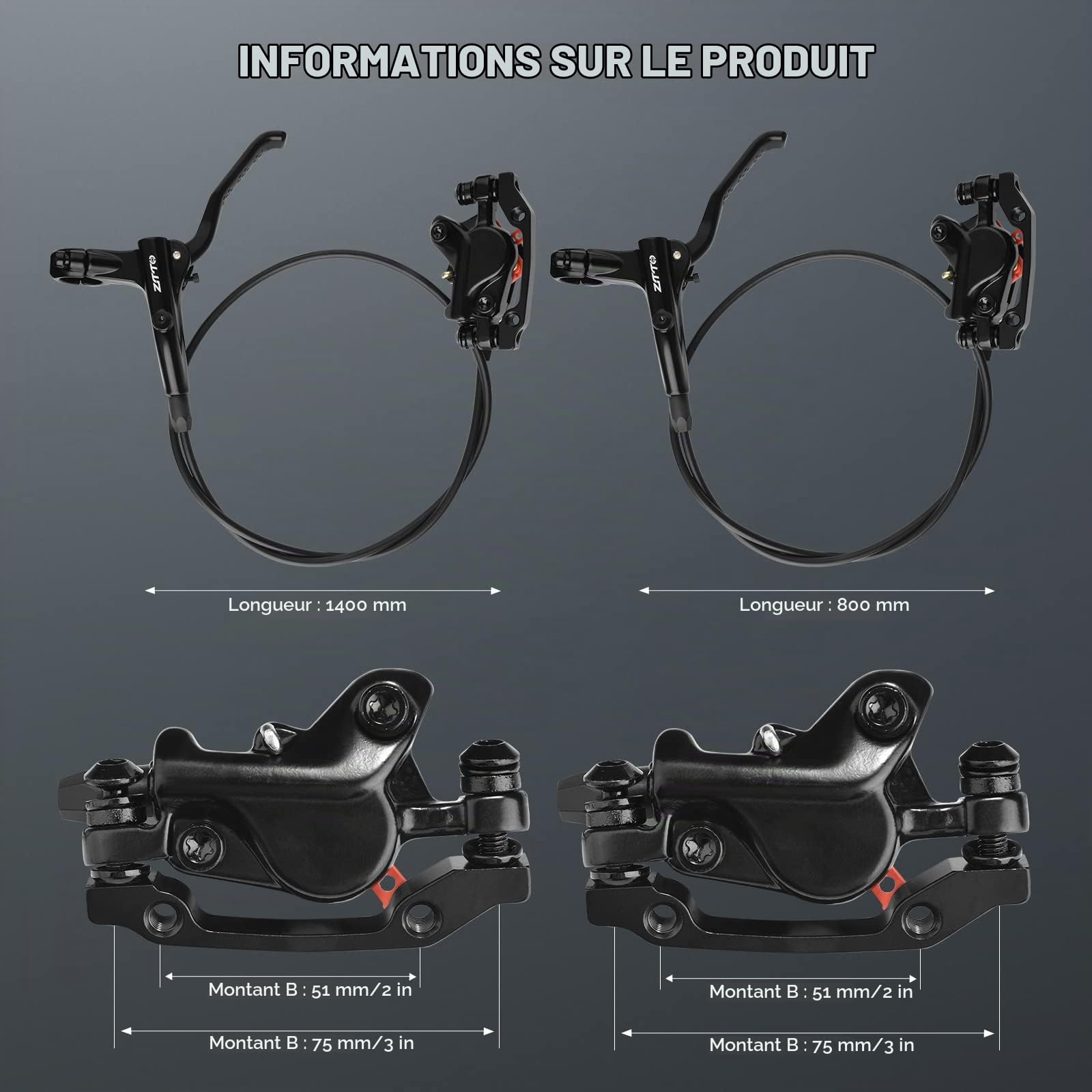Jeu de Freins hydrauliques VTT Freins à Disque hydrauliques, Kit de Frein à Disque de vélo, avec Rotor à Disque 160mm, Avant 80CM arrière 140CM Frein à Huile Vélo VTT en Alliage d'aluminium