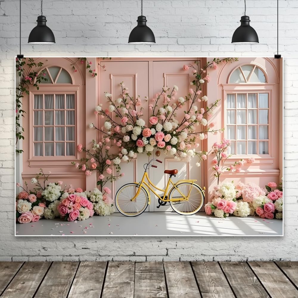 Leowefowa 10x8ft Pink Flowers Backdrop Pink Floral Window Wedding Ceremony Anniversary Background Romantic Spring Flower Shop Arch Bicycle Wedding Girl Party Banner Decor Photo Supplies Prop