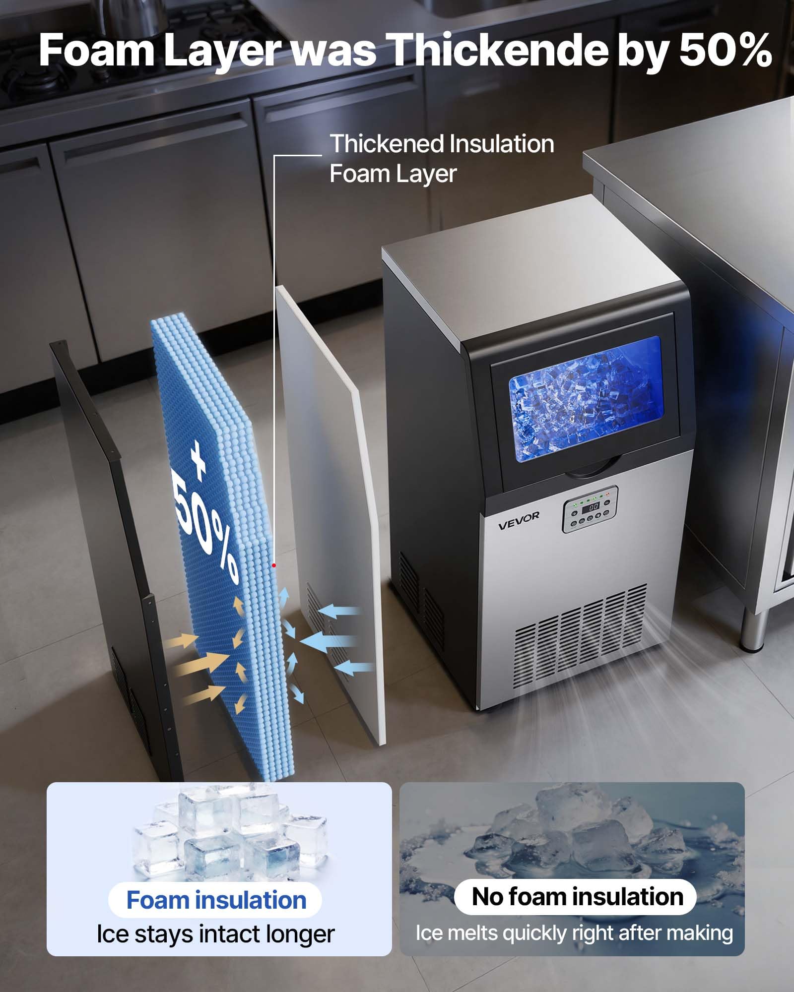 VEVOR Macchina per Cubetti di Ghiaccio Commerciale 45 kg/24 h Acciaio Inox | Fabbricatore di Ghiaccio Capacità Stoccaggio 7,3-13,3 kg, Spessore Regolabile, Display LED Funzione Autopulente Bar Hotel