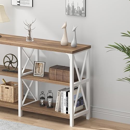 Miniatura 12 de IBF Mesa de entrada de granja, mesa consola larga rústica detrás del sofá, moderna mesa de sofá de madera de metal con estantes de almacenamiento,