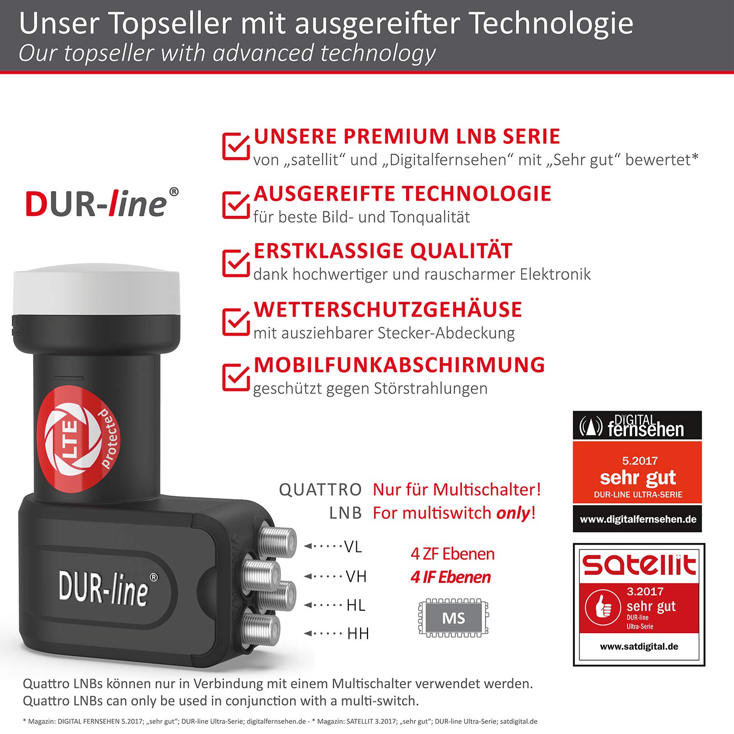 DUR-line MDA 90 Anthrazit - Digitale 8 Teilnehmer Satellitenschüssel Komplett-Anlage mit Premium Multischalter und LNB [Camping, Astra 19,2°, DVB-S/S2, Full HD, 4K, 3D]