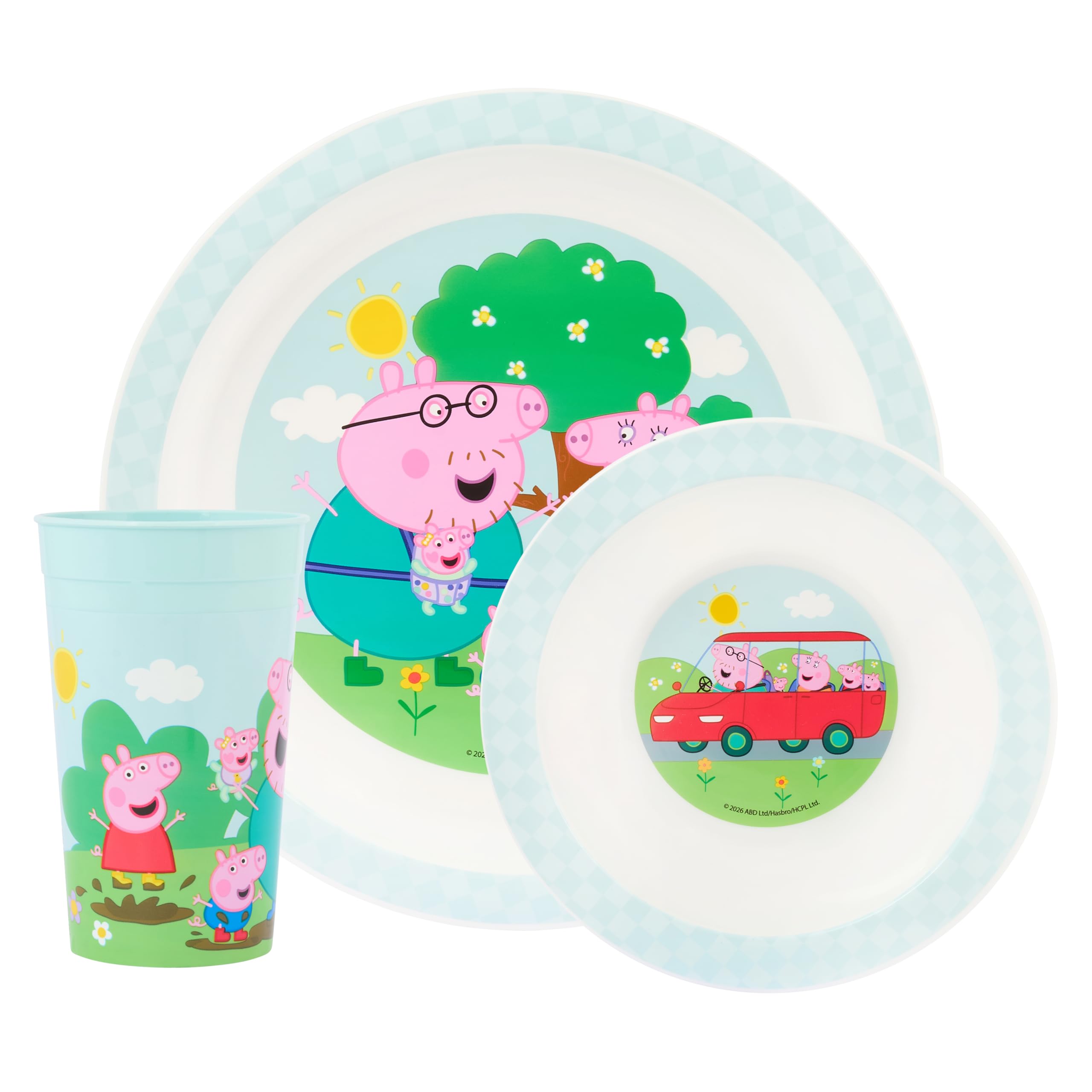 Peppa Pig 3 Piece Polypropylene Dinner Set, Tumbler Bowl and Plate, Children's Dinnerware Featuring Peppa, Mummy, Daddy, George and Evie Pig, Microwave and Dishwasher Safe, 36 Months Plus