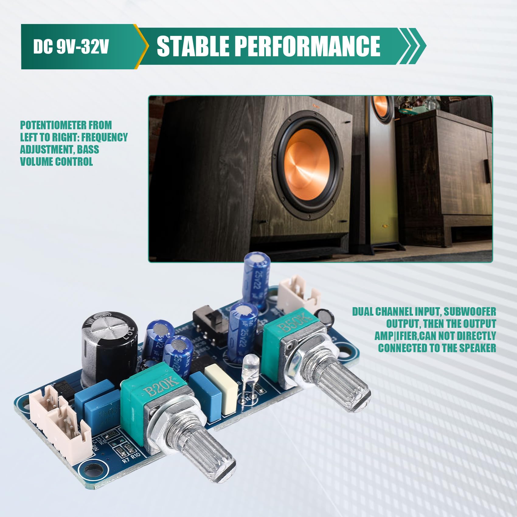 Preamplificatore Subwoofer Filtro Passa Basso Scheda Amplificatore DC 9-32 V Regolazione Volume