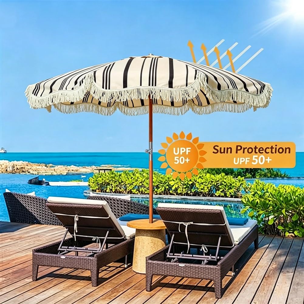200 cm Parasol Plażowy w Paski z Frędzlami, Boho Składany Parasol Ogrodowy z Drewnianym Trzonkiem z Filtrem UPF 50+ do Basenu, Ogrodu