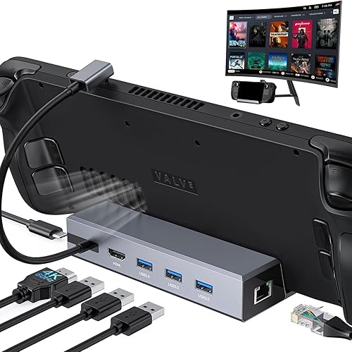 Estación de acoplamiento para cubierta de vapor, base de cubierta de vapor 6 en 1 con HDMI 2.0 soporta hasta 4K 60Hz, 3 puertos USB-A 3.0 de 5 Gbps,