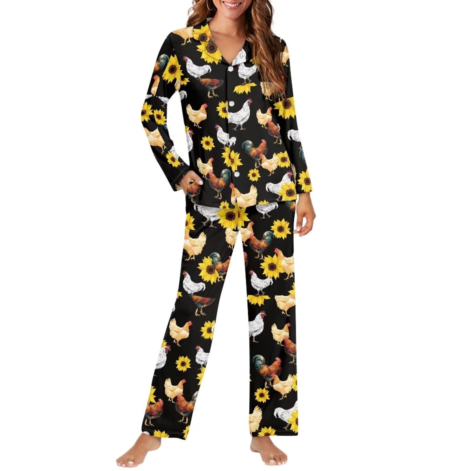 JEOCODY Pajamas Set for Women Soft Long Sleeve Button Down Sleepwear Plus Size Pj Lounge Sets Loungewear