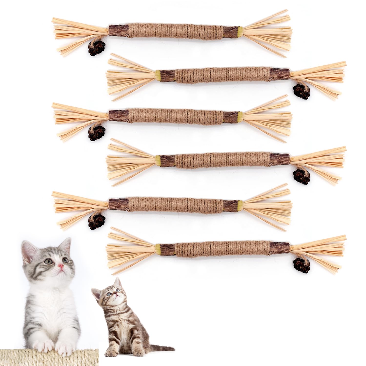 Lot de 6 bâtonnets d'herbe à chat - En bois à mâcher - Pour les soins dentaires et la mauvaise haleine - Naturellement sûrs - Jouet à mâcher pour chat