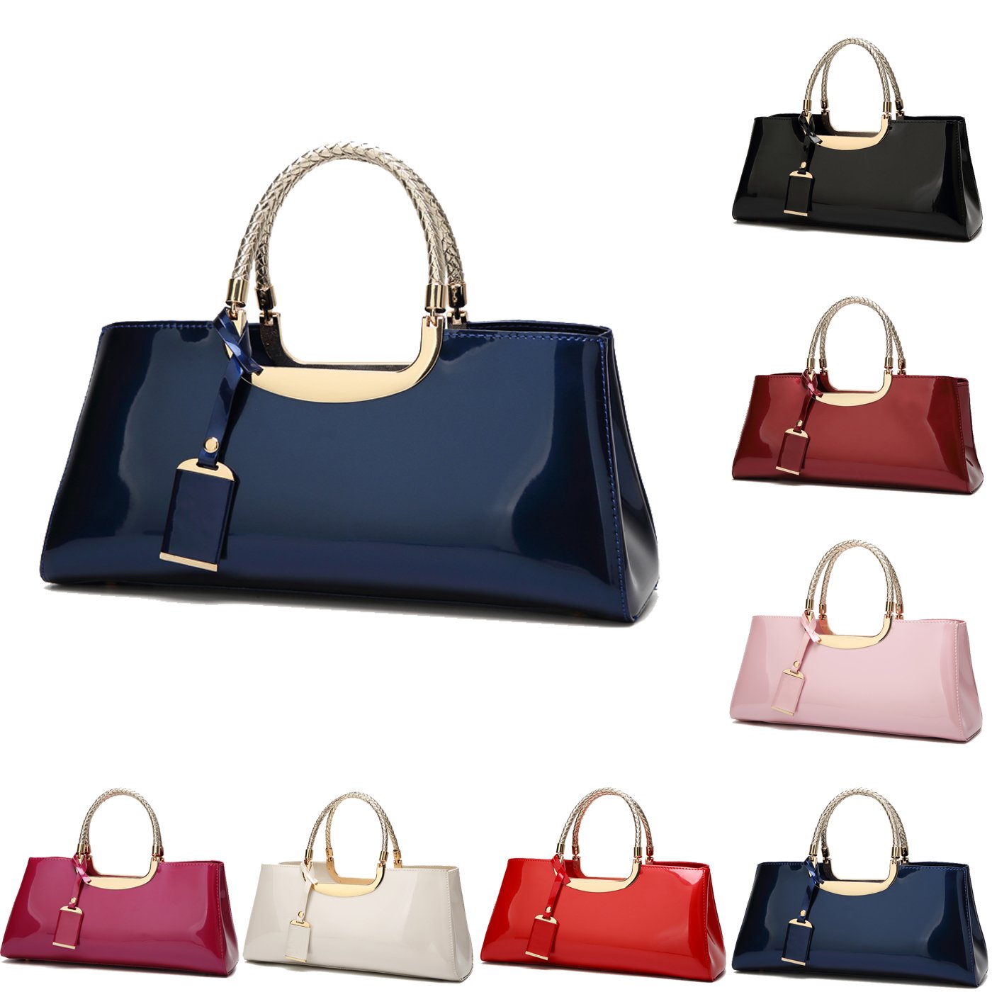 Borsa a mano con Tracolla Manici Intrecciato da Donna in Pelle Verniciata PU Borse a Spalla per Signora
