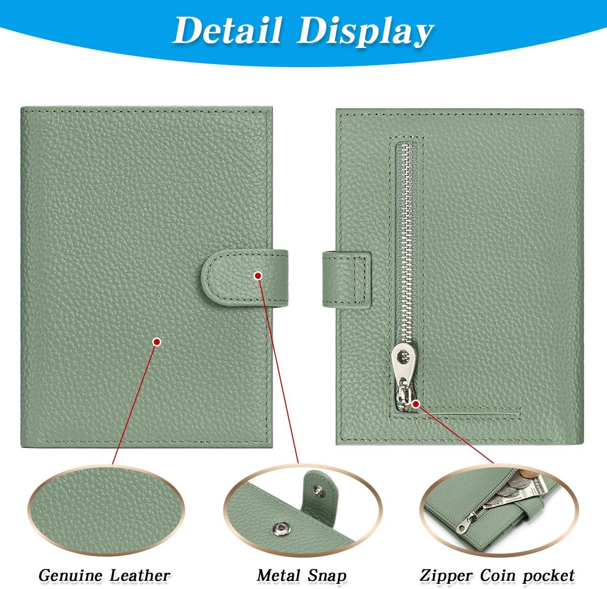 Passport Holder for Travel Women RFID Blocking Genuine Leather Passport Wallet with Card Slots, Zipper Coins Pocket, Cash Holder, Green - Image 7