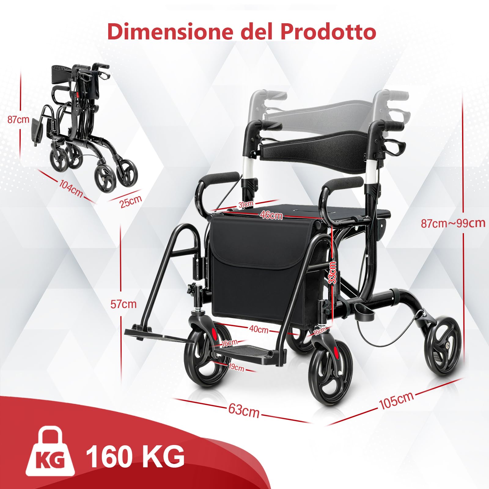 GYMAX Deambulatore 2-in-1 con Sella, Passeggio per Anziani Pieghevole con Altezza Regolabile, Borsa di Stoccaggio Rimovibile, Sedia a Rotelle in Alluminio Leggera, Nero