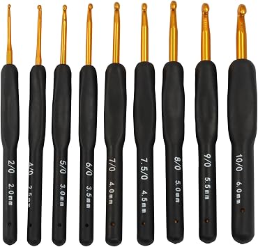 Verkelly 9 Pcs Ergonomic Crochet Hook Set, Black | 9 Sizes from 2.0mm to 6.0mm, Soft Handle Steel Needles, Comfortable Crocheting