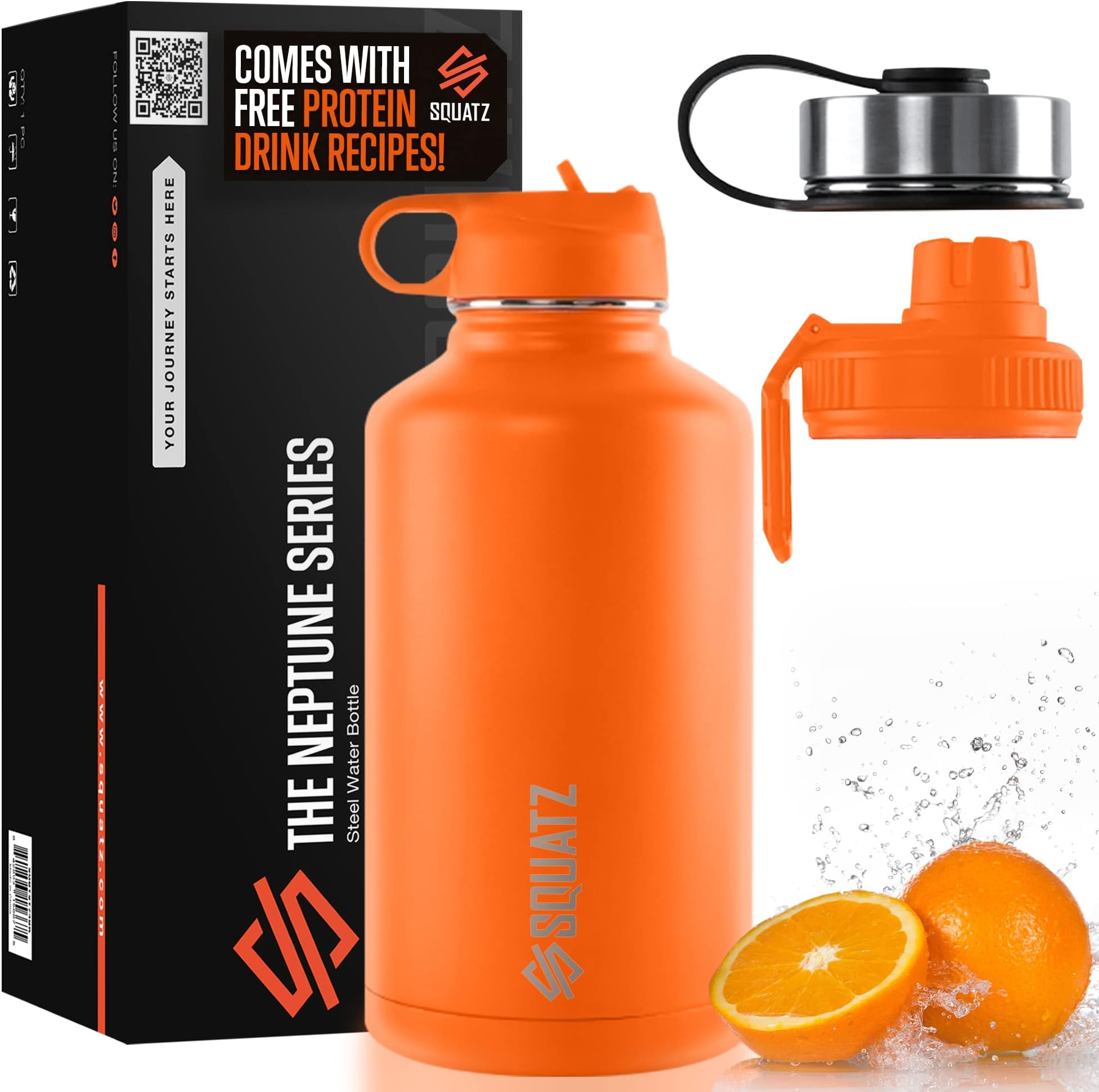 SQUATZ 64 Oz Neptune Series Steel Water Bottle, Stainless Double Wall Vacuum Insulated Flask with Handle Strap, Durable and Elegant Leak Proof Wide Mouth Thermos for Gym, Travel, Hiking, and Camping