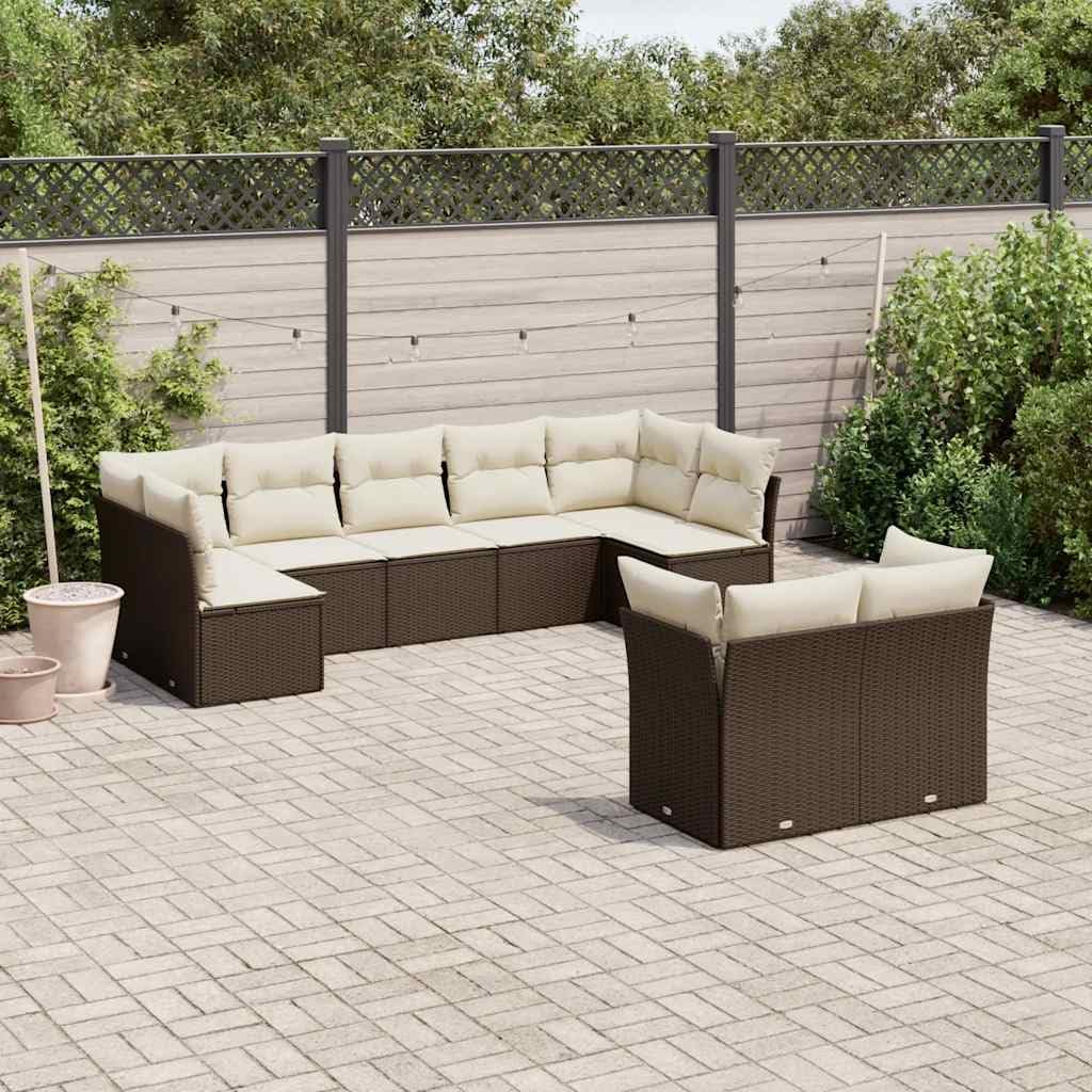 9-Piece Garden Sofa Set in Brown and Cream White, Modular Outdoor Seating with Weather-Resistant PE Rattan and Steel Frame, Comfortable Washable
