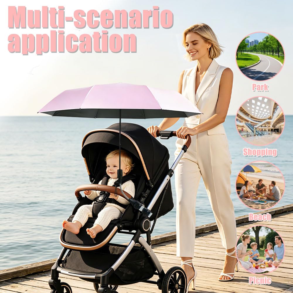 Universal Sonnenschirm für Kinderwagen UV Schut, UPF 50+ Sonnenschutz Regenschirm mit 360° Flexibler Universalhalterung, 96 cm Kinderwagen Regenschirm für Kinderwagen und Buggy, Rosa
