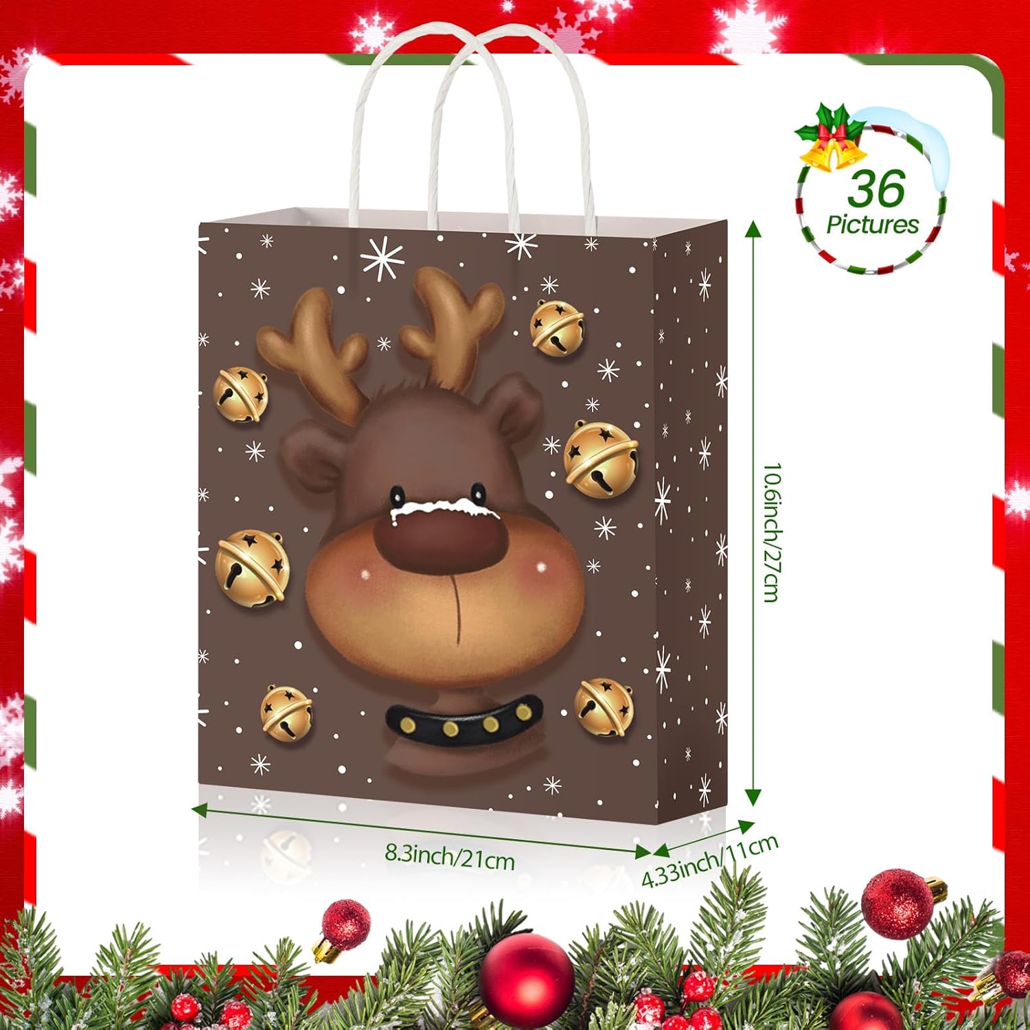 Cholemy 36 Pcs Christmas Gift Bags with Handle Xmas Kraft Paper Packaging Bulk Large Christmas Totes Bags for Candy Wrapping Holiday Party Favors