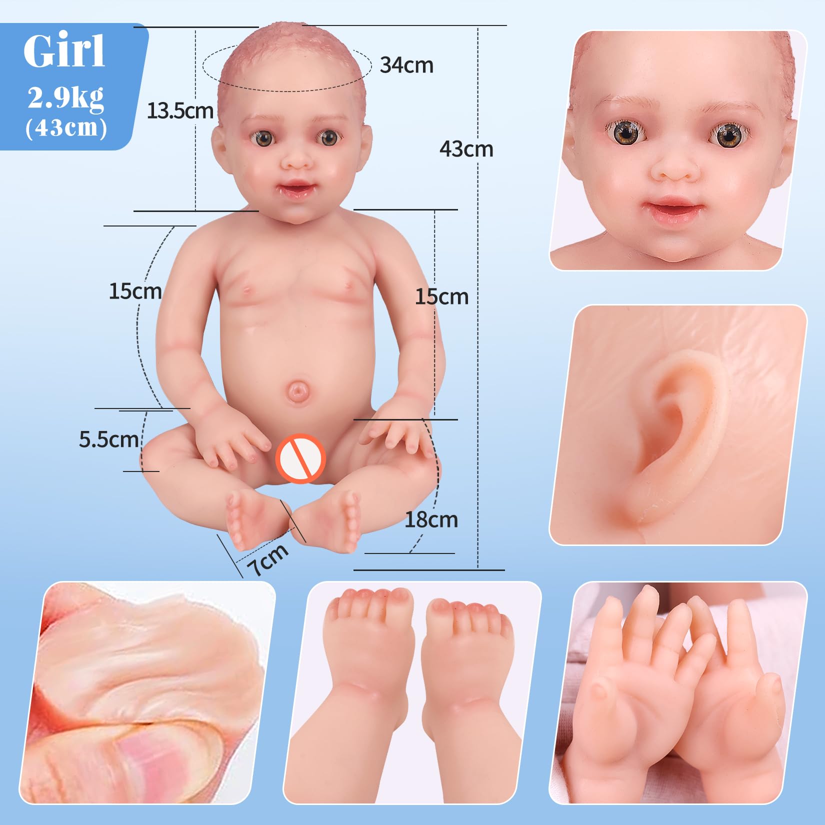 Realistische Silikon Reborn Babypuppe 43cm 2,9kg Lebensechte Gemischt Ethnien Afroamerikanisch Neugeboren Mädchen mit Geöffneten Augen (kein Vinyl) Baby Girl Emotionspuppe für Paare, Schwarz